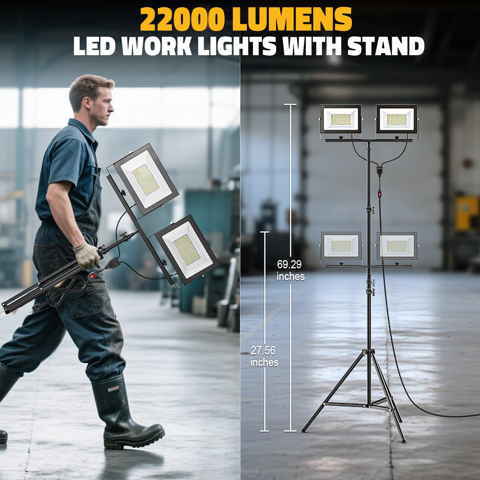 Livowalny 22000 Lm Led Work Light With Stand Pack Of 2  220W 2 Adjustable Head Tower Light With 13Ft Cord  Portable Ip65Waterproof Tripod Flood Light For Job Site Workshop Garage Construction Lighting