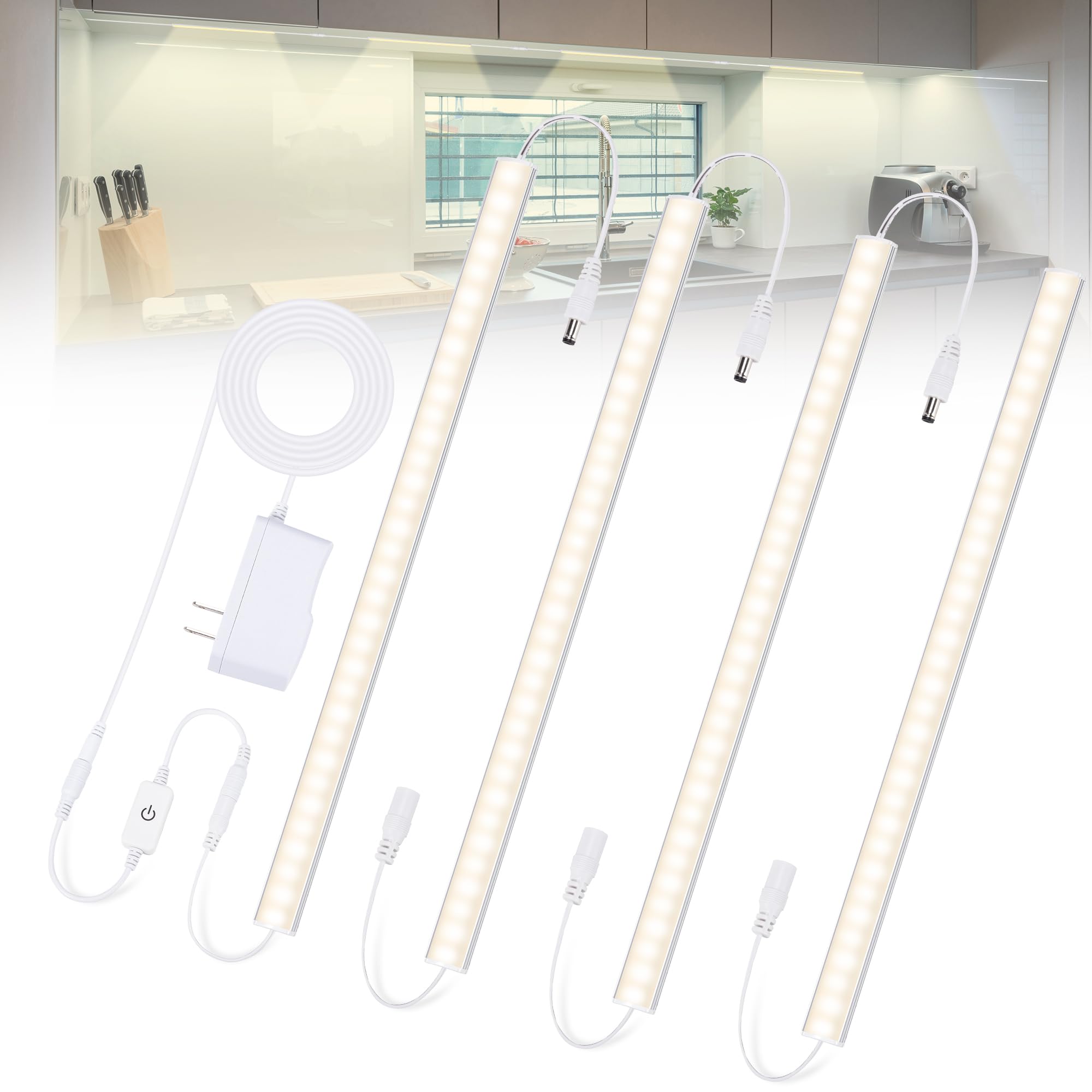 JUSJUBR Under Cabinet Lights Plug-in Daylight White 4000K, Dimmable LED Under Cabinet Lighting, 4pcs 12 Inch Under-Counter Light