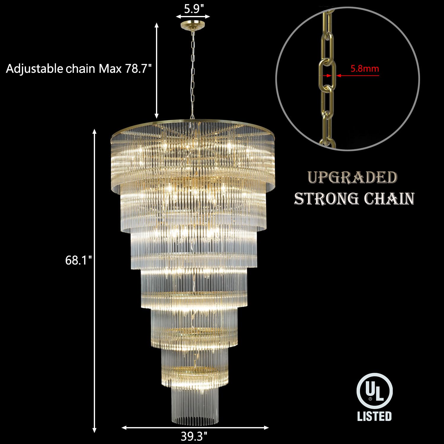 Akeelighting Extra Large Brass Chandelier - 7 Tiers Modern Pendant Light Fixture for High Ceilings, 39" x 68", Model AK004-T1000CO