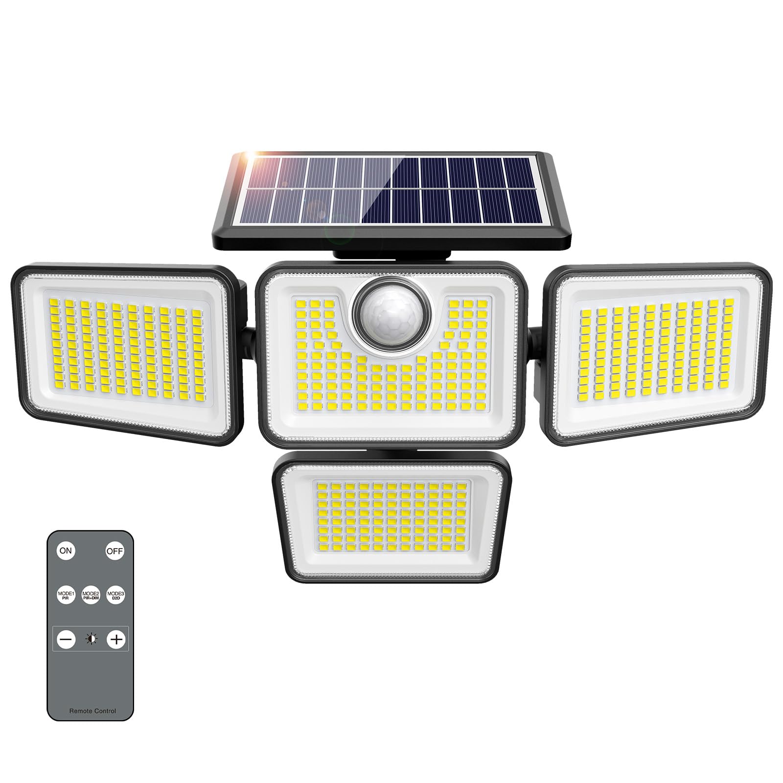 omibee Solar Motion Sensor Lights, 3000LM, 413 LEDs, 4 Adjustable Heads, IP65 Waterproof, Remote Control, Black, Model OEE214C05
