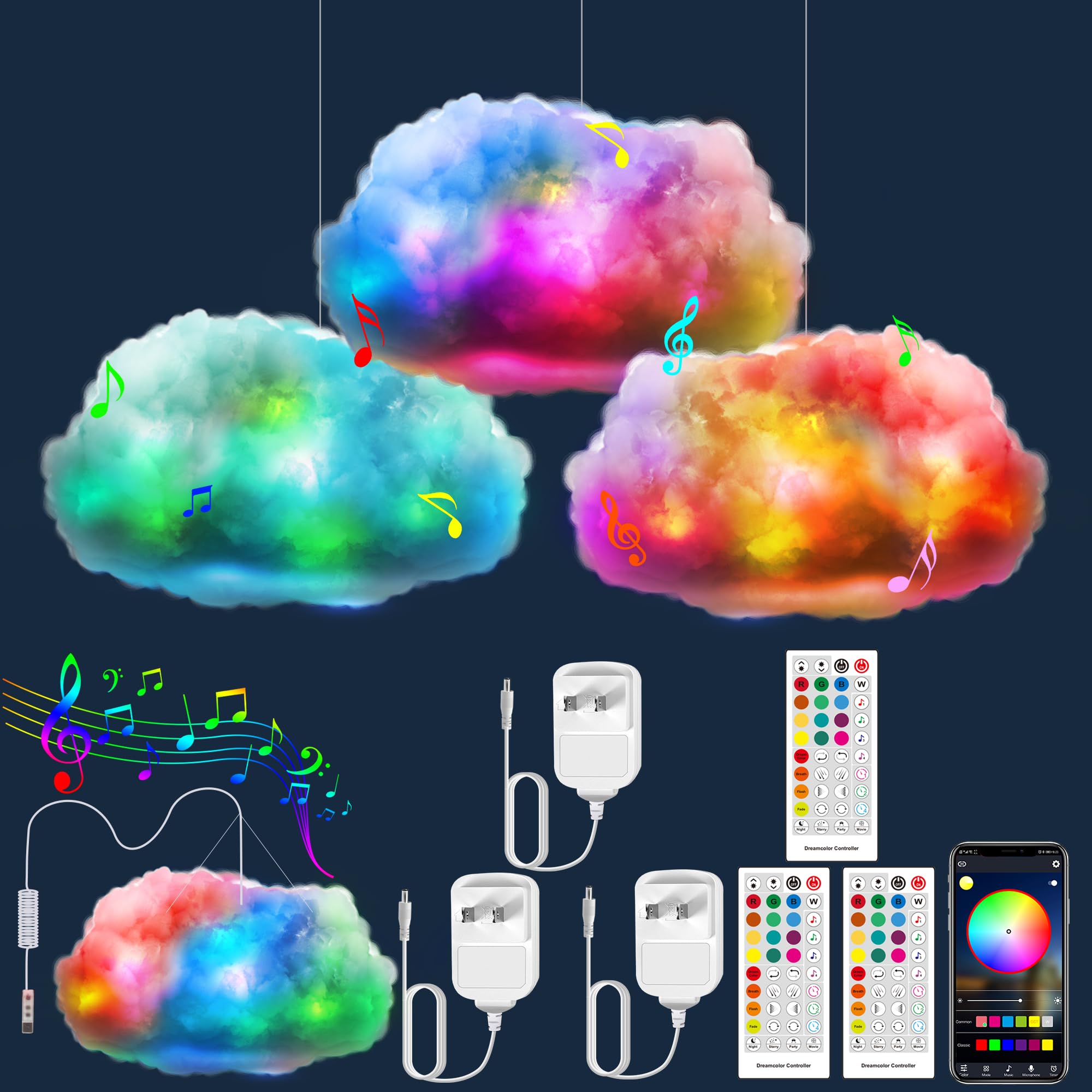 ViLSOM LED Cloud Light,3pcs RGB Cloud Lights with IC Remote Control and APP Control Cool Lights Sync Music Color Changing Led Li