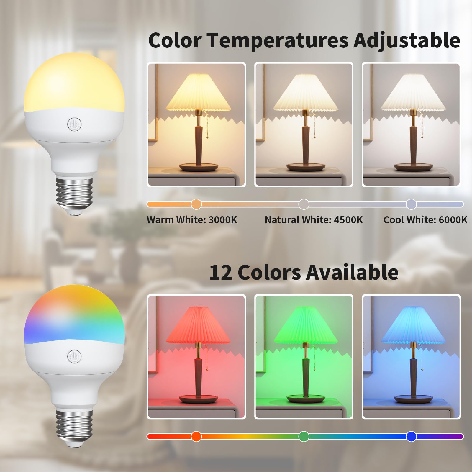 Histar Rechargeable Light Bulbs For Sconce And Lamp, E26 Battery Operated Light Bulb With Remote, Rgb, Timer, Dimmable, 3 Color