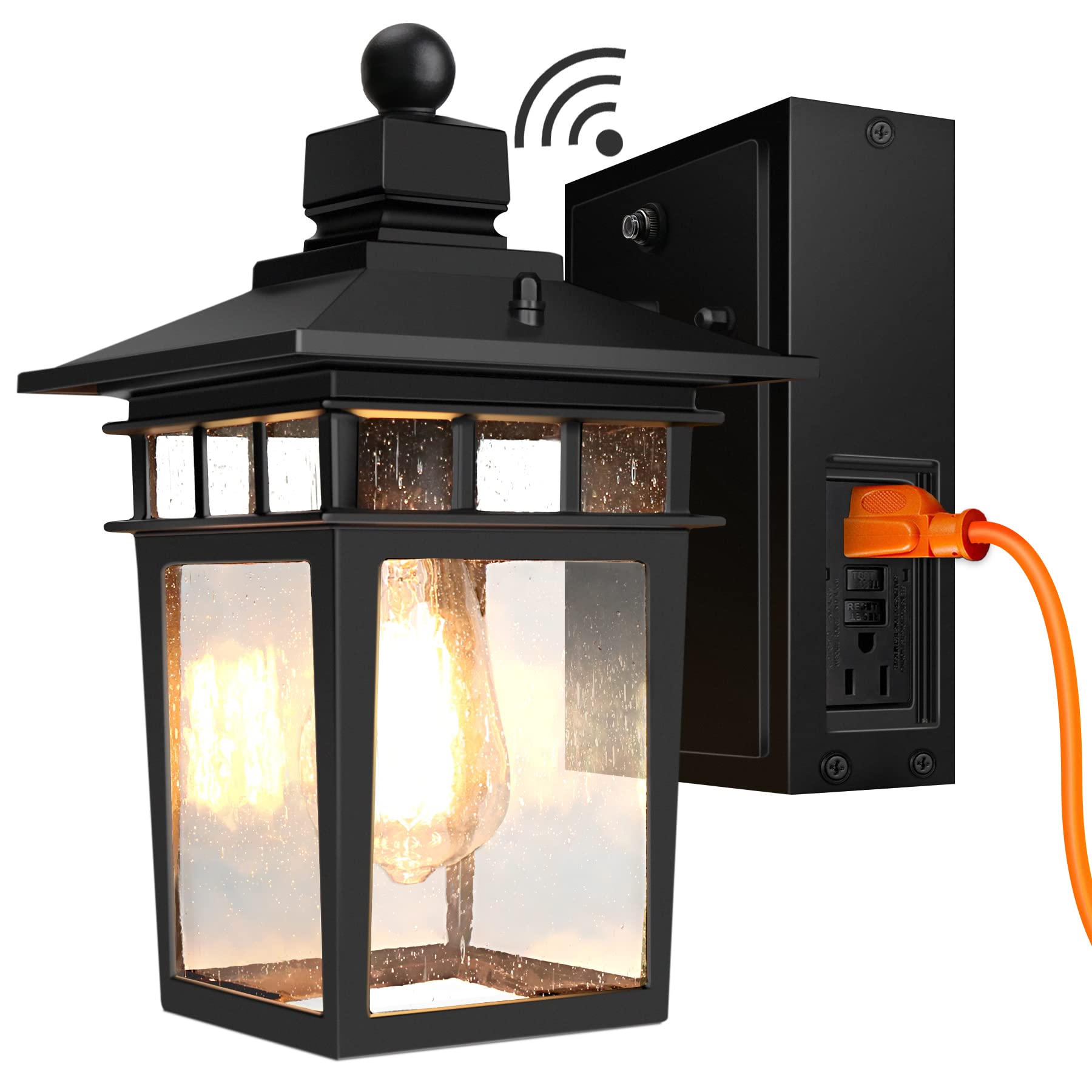 APOTO Dusk to Dawn Outdoor Wall Light Fixture, Black Aluminum, GFCI Outlet, Waterproof, Anti-Rust, Porch Sconce, Bulb Not Included