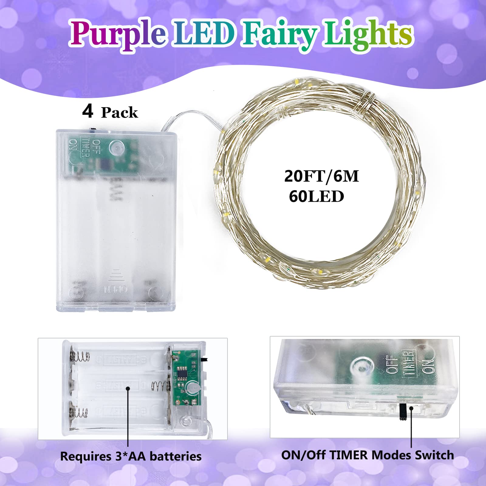 BOSSERN 4 Pack Fairy Lights 60LED Battery Operated 20FT Waterproof Indoor Outdoor Halloween Decor Purple DCHD-04-Purple