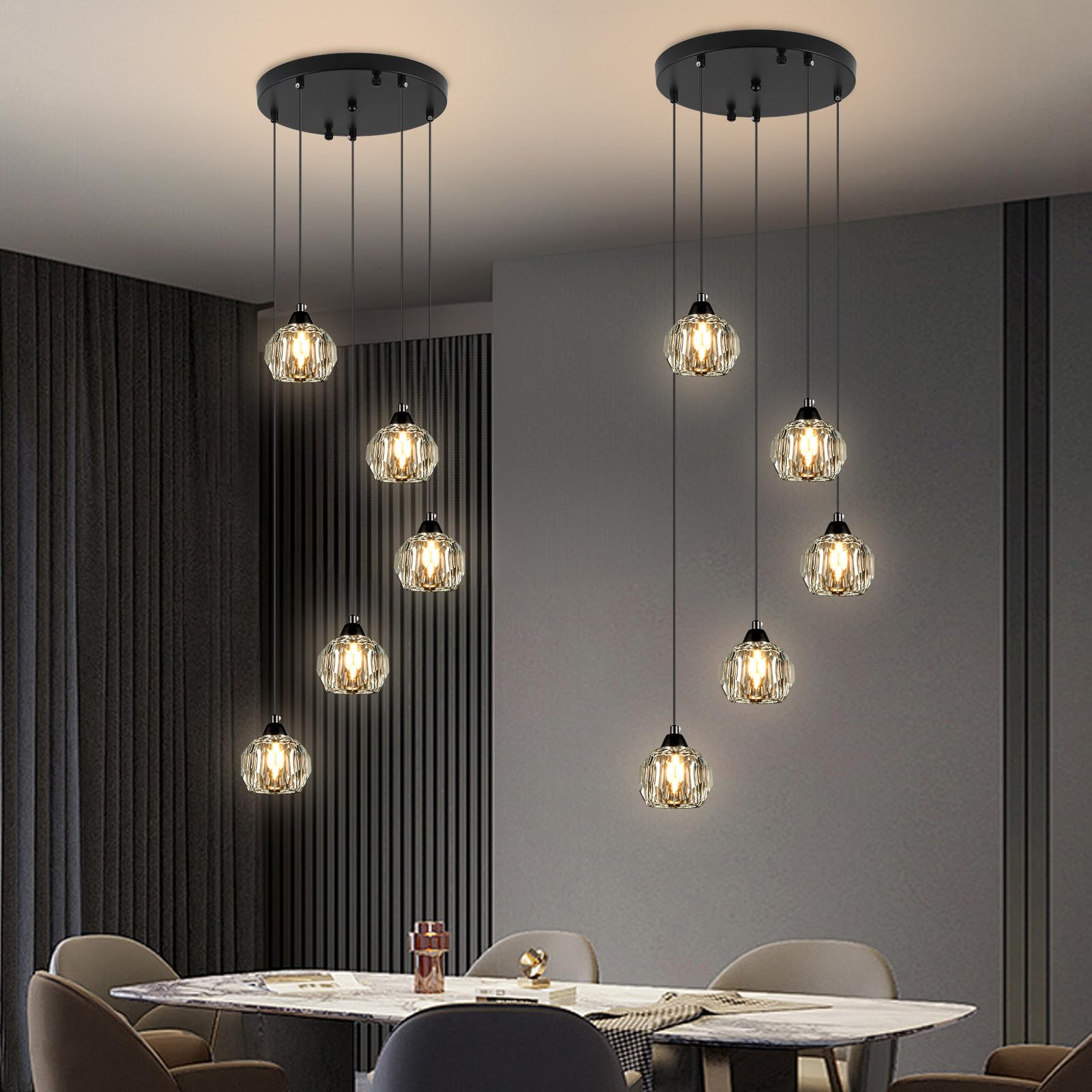 Weesalife 5-Light Black Crystal Chandelier Pendant Light Fixture for Dining Room, Living Room, Kitchen, Foyer, Model A8818