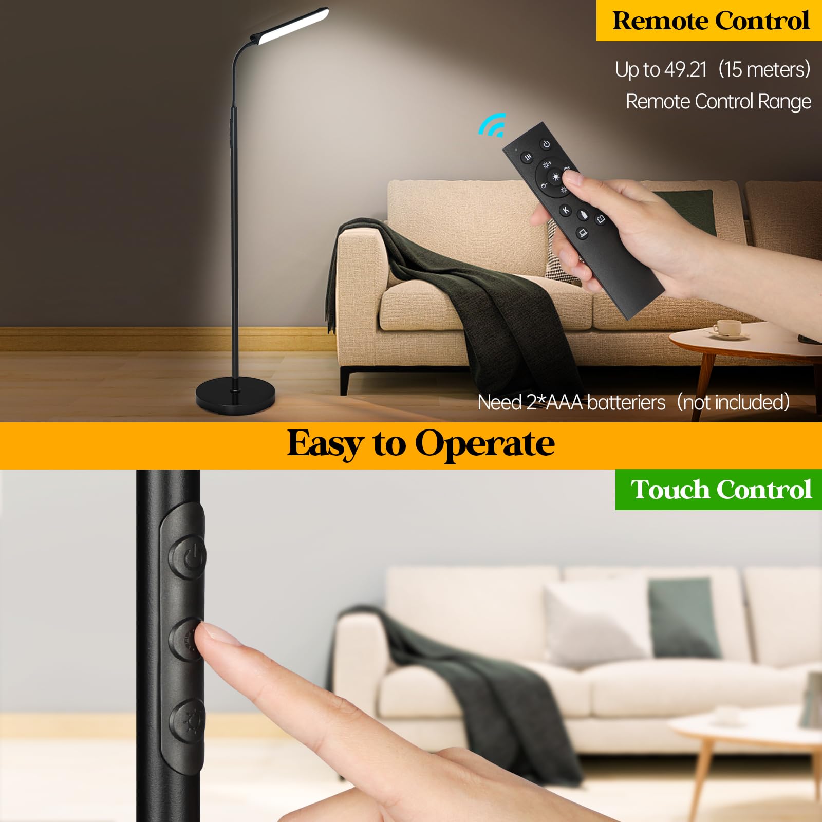 Led Floor Lamp, 18W Super Bright Floor Lamp For Living Room, Adjustable Stepless Colors & Brightness Gooseneck Standing Lamp, Ey
