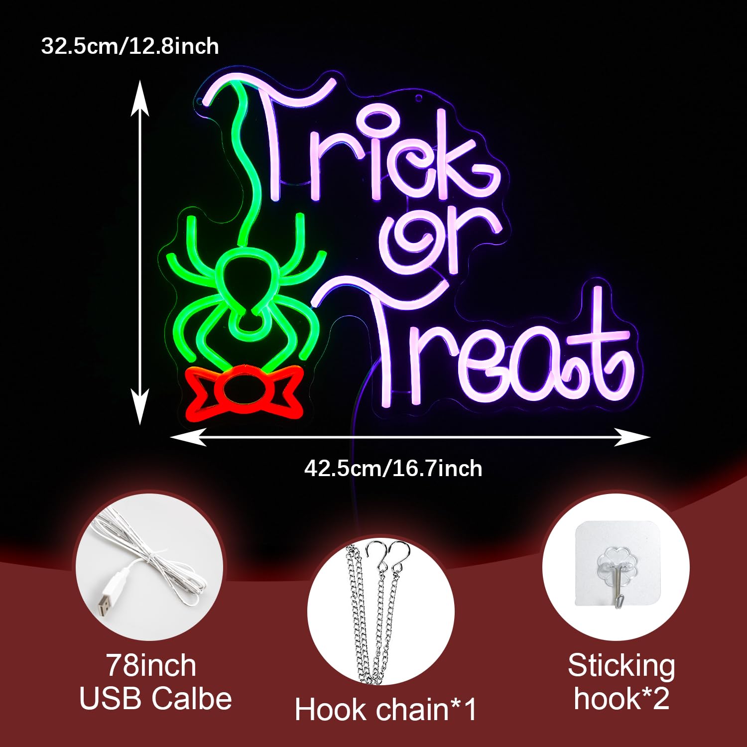LIUOZHTEA Neon Sign - Trick Or Treat LED Light, Dimmable, Halloween Decor, 16.7 x 12.8 inches, Green Red Purple, Acrylic