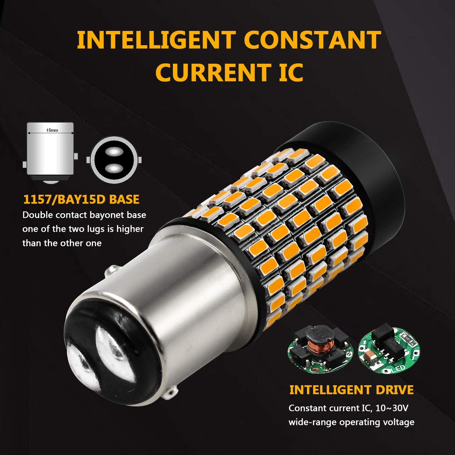 PHINLION LED Turn Signal Light Bulbs, 2800 Lumen, 1157/7528/BAY15D, Amber Yellow, Pack of 2