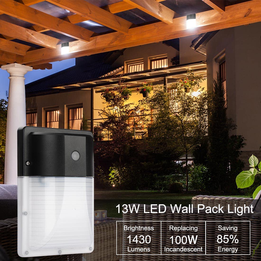 Kadision LED Wall Pack Light, 13W 1430lm, Dusk to Dawn, IP65 Waterproof, 4-Pack, Black, Model WP-13AS(5000K)