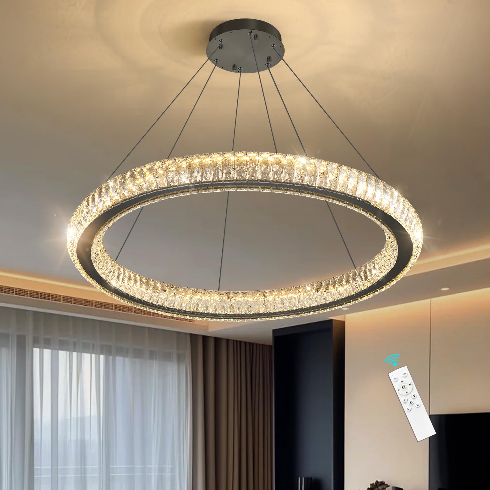 HAIXIANG Modern Ring Chandelier LED Dimmable Living Room Chanderliers Entryway High Ceiling Crystal Ring Pendant Lights for Dining Room Bedroom Black Interior Light
