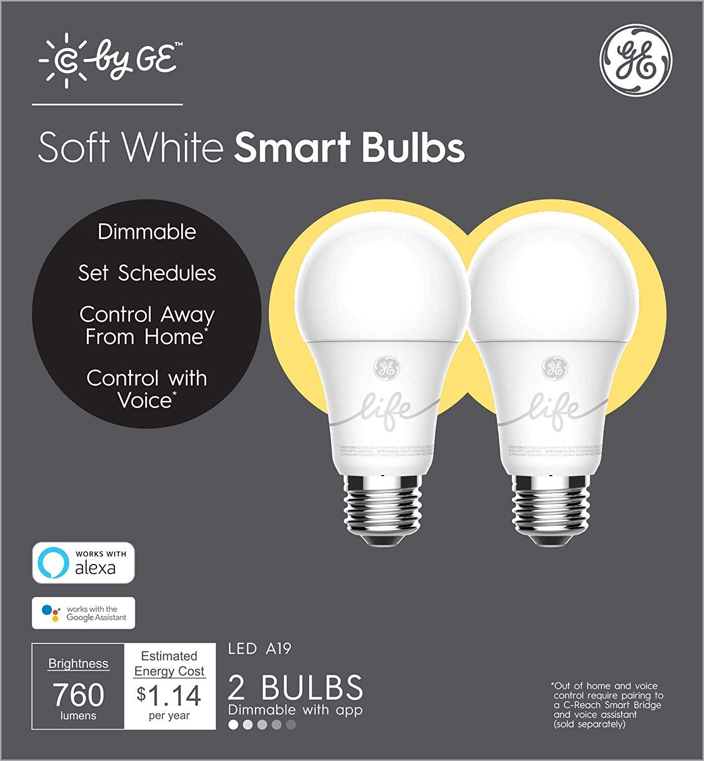 Ge Lighting Cync Smart Light Bulbs, Bluetooth Enabled, Alexa And Google Home Compatible, Soft White (2Pack), Packaging May Vary