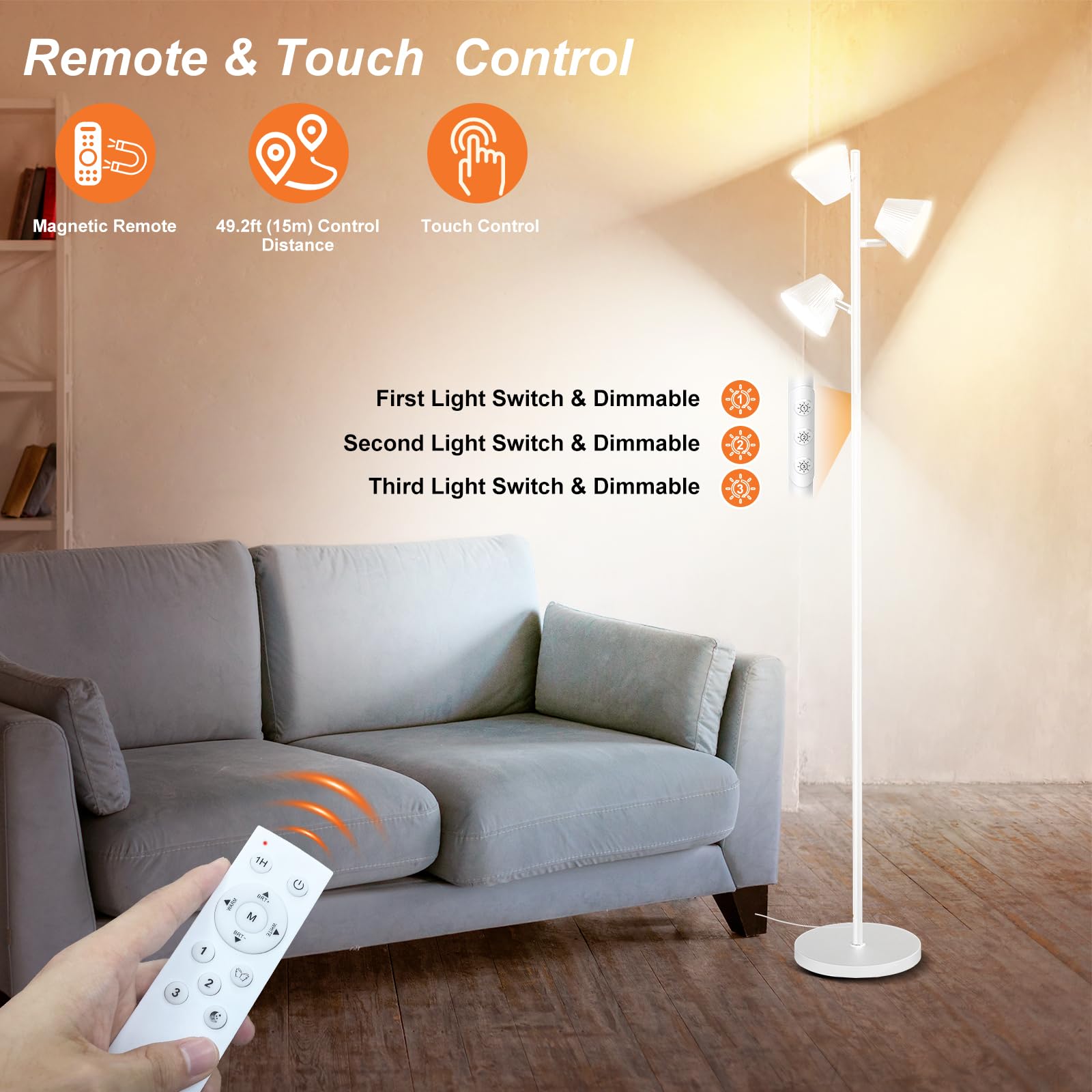 Pesken White 42W Tree Floor Lamp, Super Bright Led Standing Lamp With Remote, Modern Dimmable Floor Lamps,Individual Control, Ro