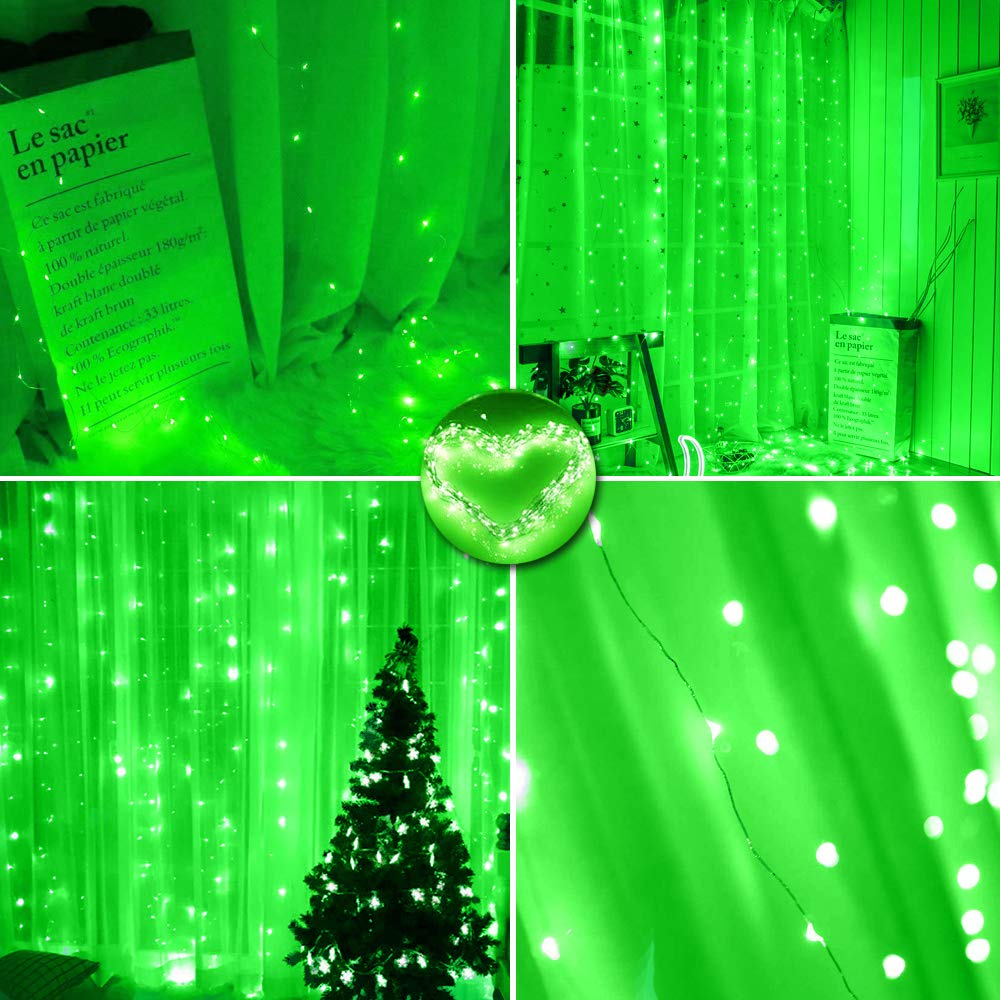 Vicila 300 LED Curtain Lights, Green Fairy Lights with Remote Control, USB Power, 8 Lighting Modes, 9.8ft x 9.8ft, Model CCL 07