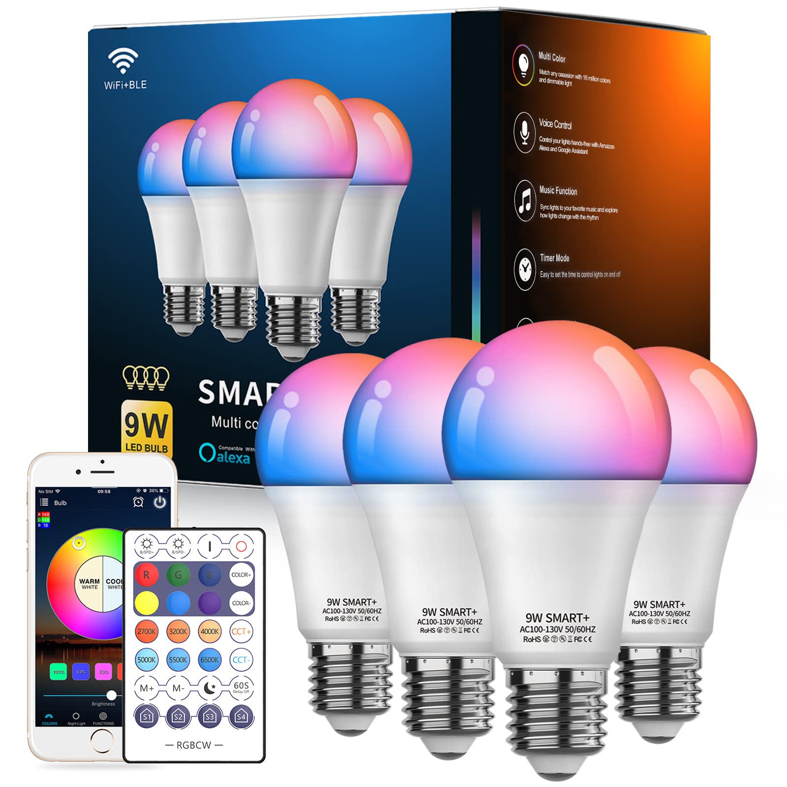 Vanance Smart Light Bulbs 4Pack With Remote, A19 E26 800Lm Led Color Changing Light Bulb, Wifi & Bluetooth 5.0, Warm To Cool Whi