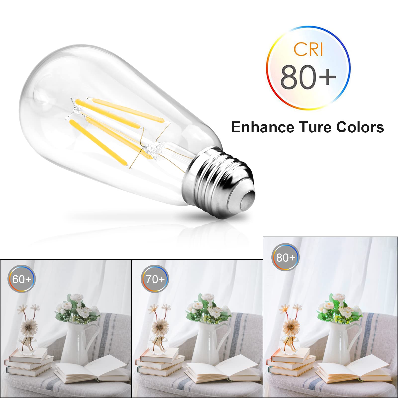 Ascher LED Edison Bulbs 6W, 700 Lumens, Daylight White 4000K, ST58 Vintage Filament, E26 Base, 4 Pack