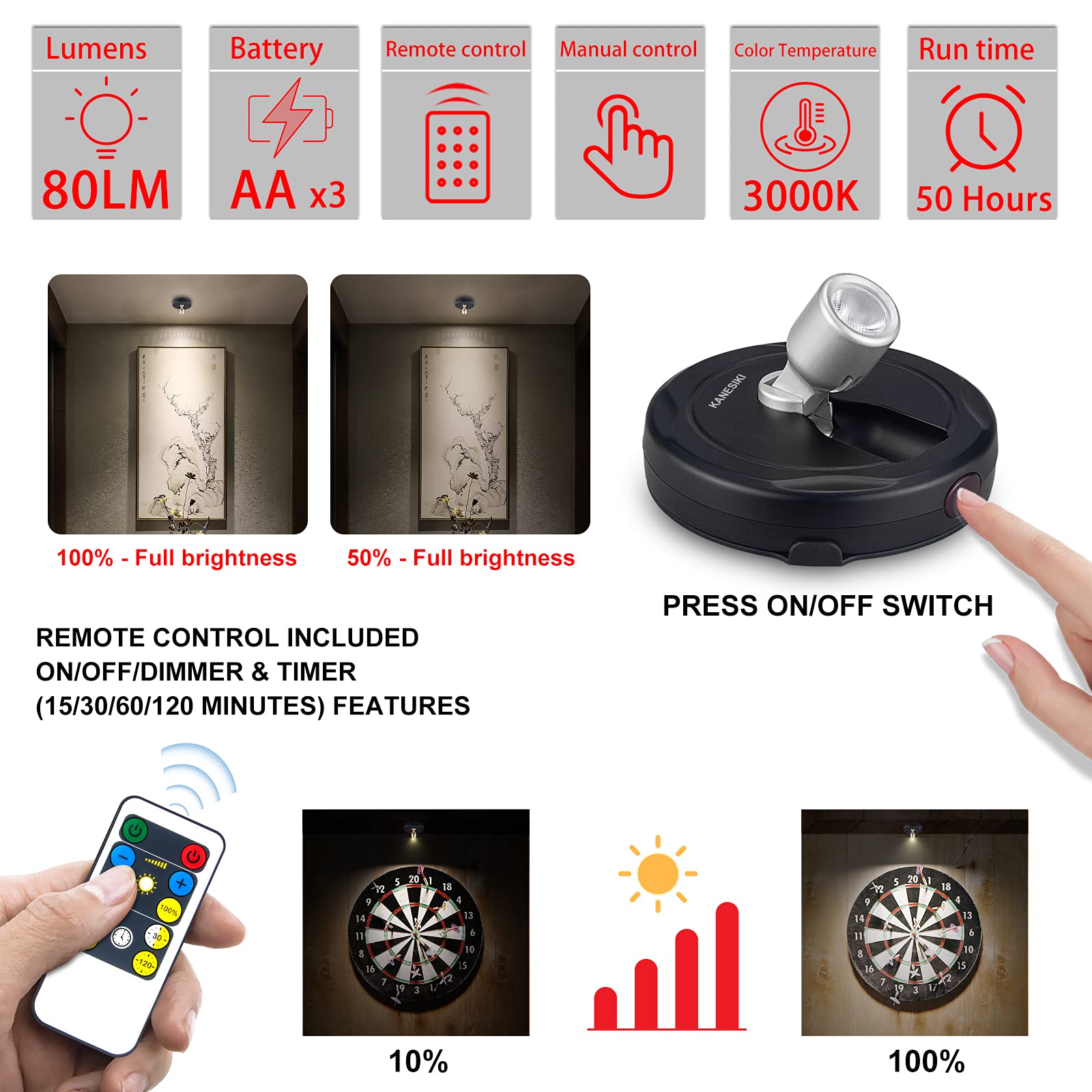 Kanesiki Wireless Spotlight Battery Operated, Led Picture Lights, Stick On Uplighting For Indoor Plant Tree Painting Artwork Por