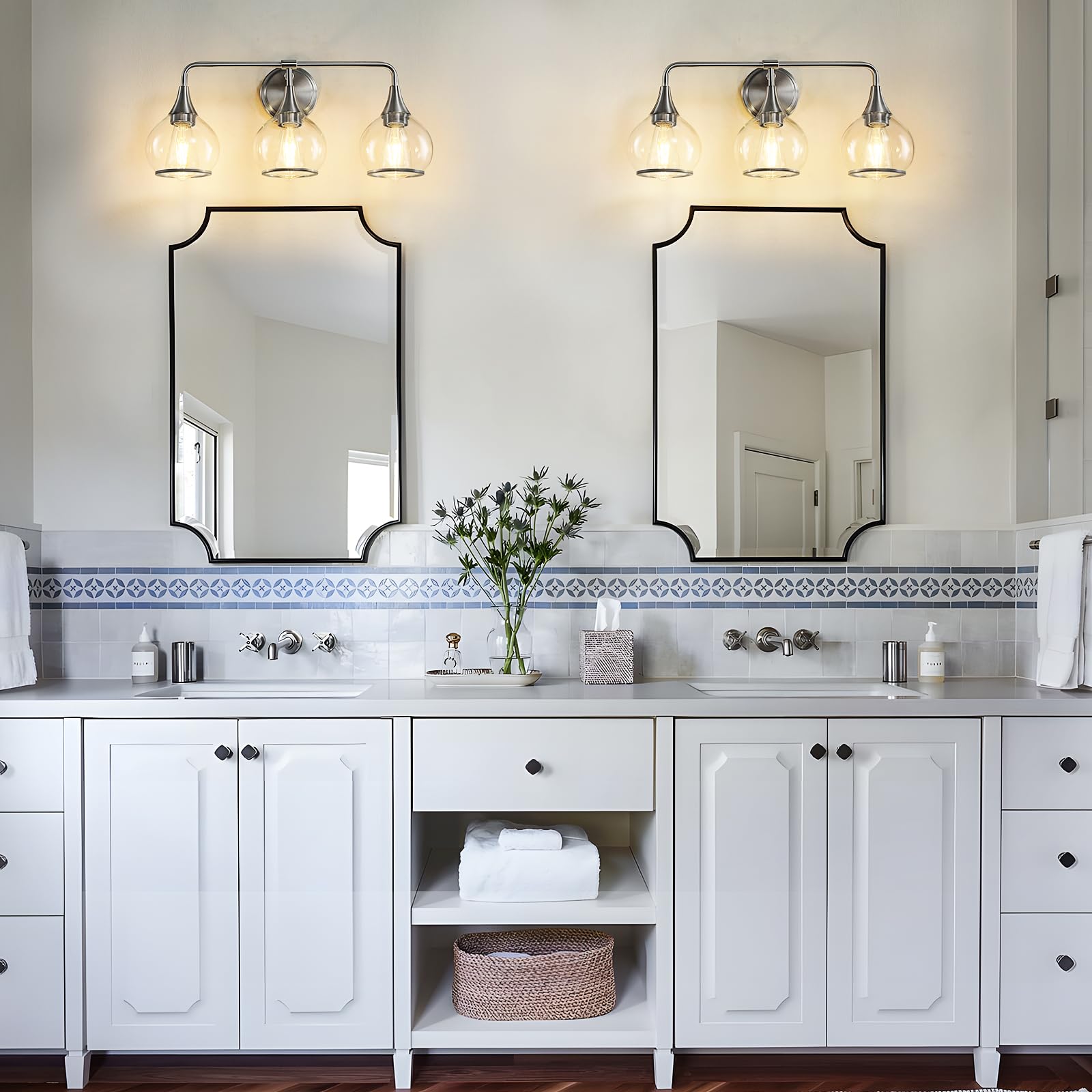 Hahzt Brushed Nickel Bathroom Vanity Light 3 Lights Bathroom Light Fixtures Over Mirror With Clear Glass Shade 22.4 Inch Wall Sc