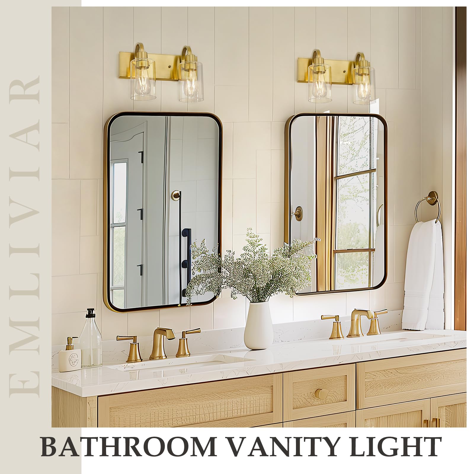 Emliviar 2-Light Brushed Gold Vanity Light  Modern Farmhouse Bathroom Light Fixture  Indoor Wall Sconce Lighting For Bedroom Entryway  Yce237B-2W Bg