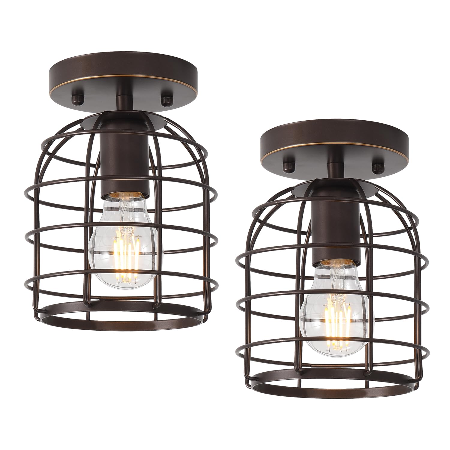 Create For Life Industrial Vintage Flush Mount Ceiling Light, Metal Cage, Oil Rubbed Bronze, 2 Pack, Model 2pkfxd16002