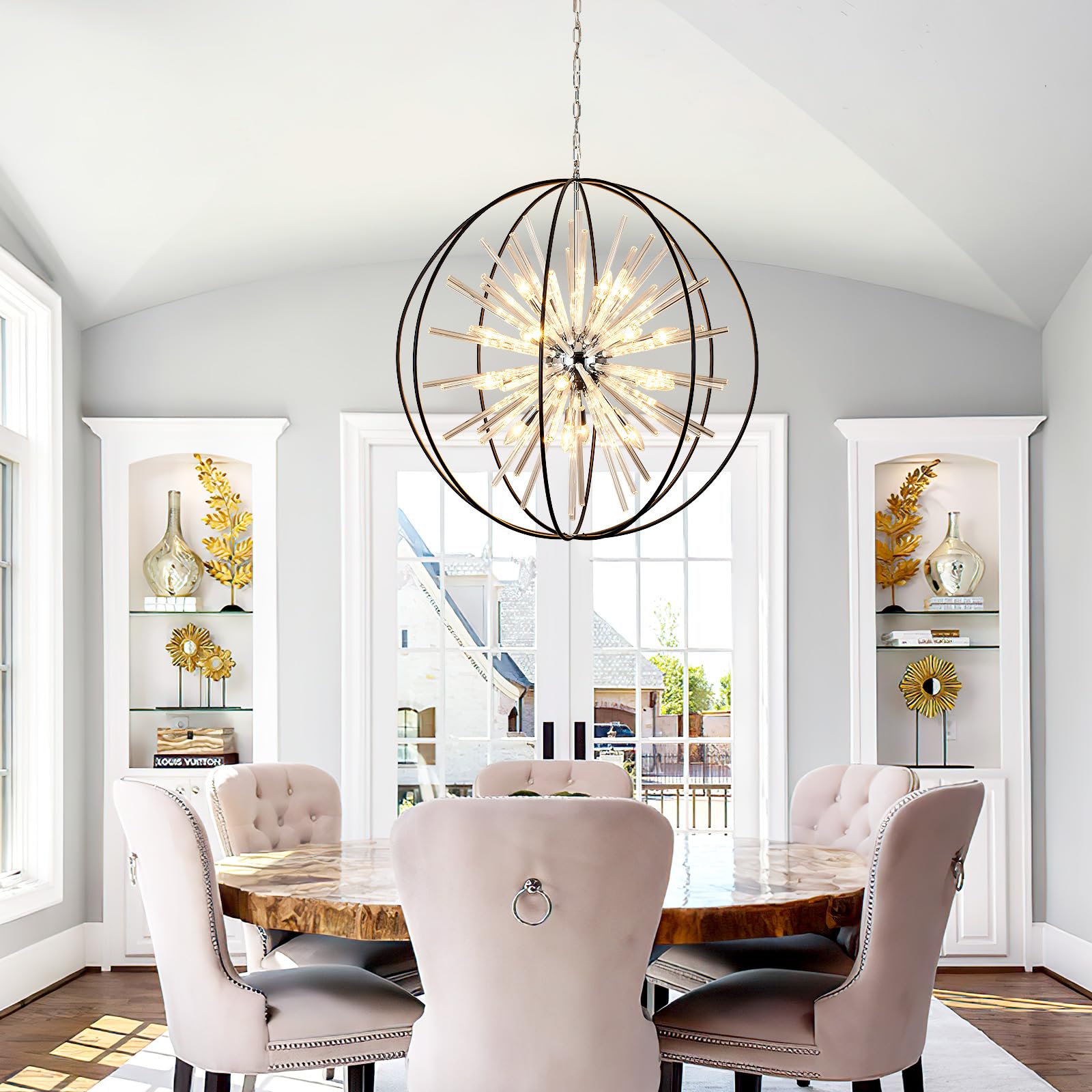Vezzio 35" Large Black Crystal Globe Chandelier, 20-Light Modern Design for High Ceilings, Metal Construction, Model ZJ-045
