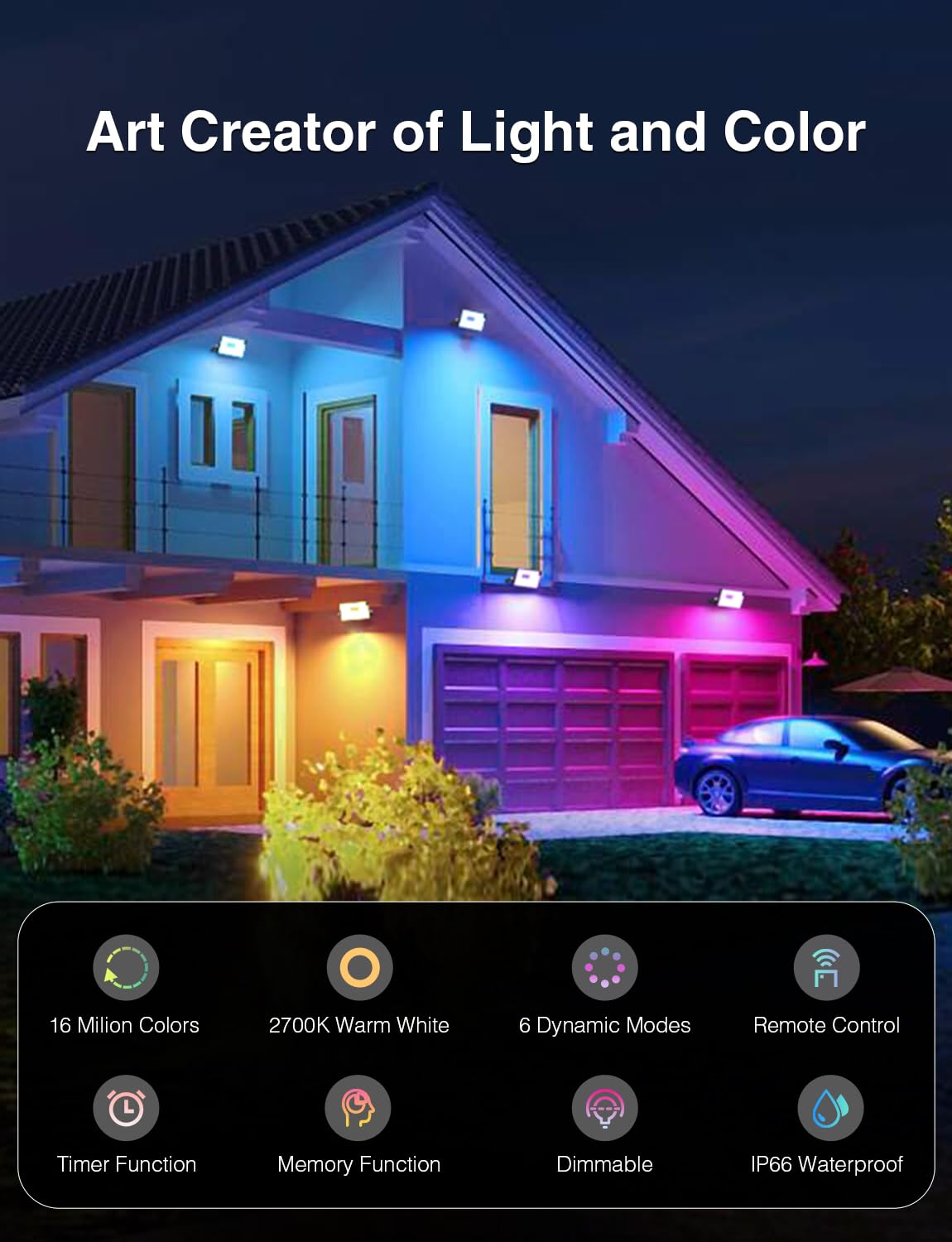 Onforu 100W RGBW LED Flood Light - Color Changing, Remote Control, IP66 Outdoor Uplighting, 2700K Warm White, Model D100RGBW