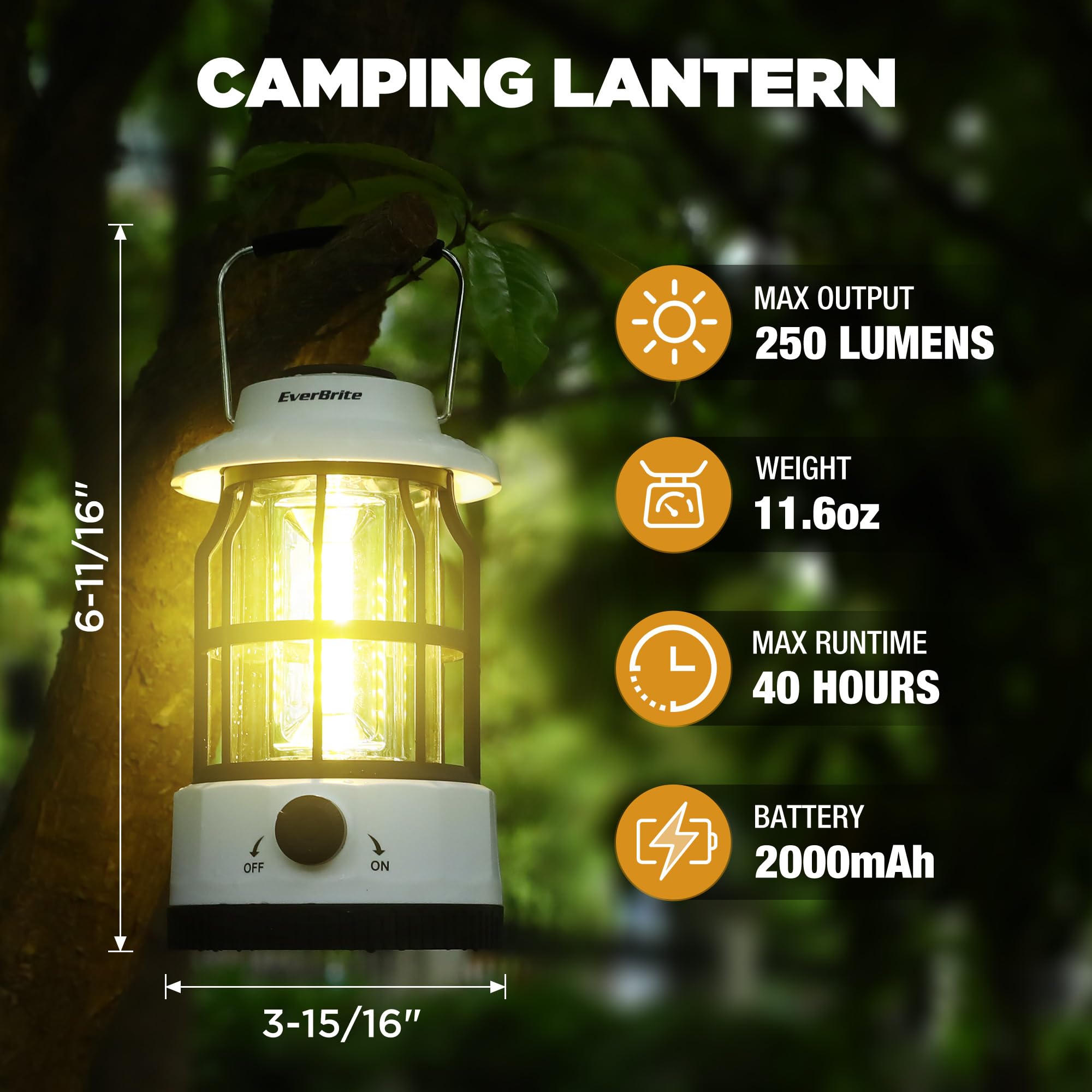 EverBrite LED Camping Lantern - USB C Rechargeable, Stepless Dimming, Vintage Design, White, Model E041036AE