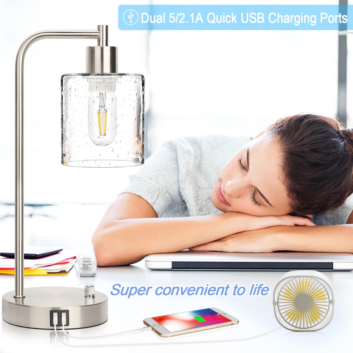 ?Upgraded?Set Of 2 Industrial Table Lamps With 2 Usb Port, Fully Stepless Dimmable Lamps For Bedroom, Bedside Nightstand Desk La