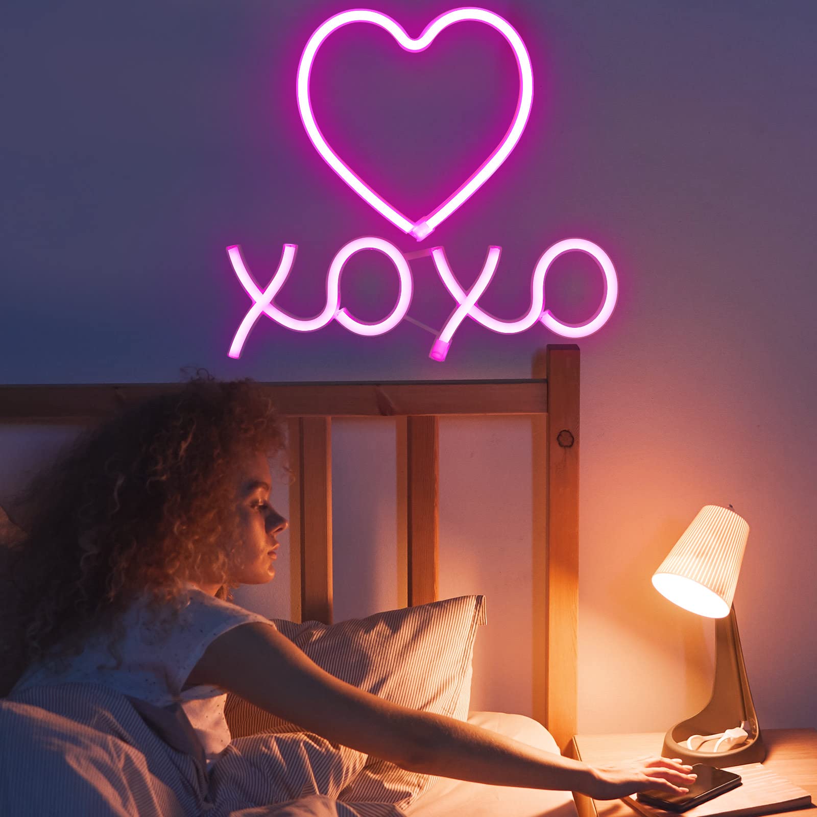 Amylove 2 Pcs Pink Heart and XOXO Neon Sign Valentines Decoration LED Neon Lights, LED Wall Decor Light up for Girl Home Bedroom