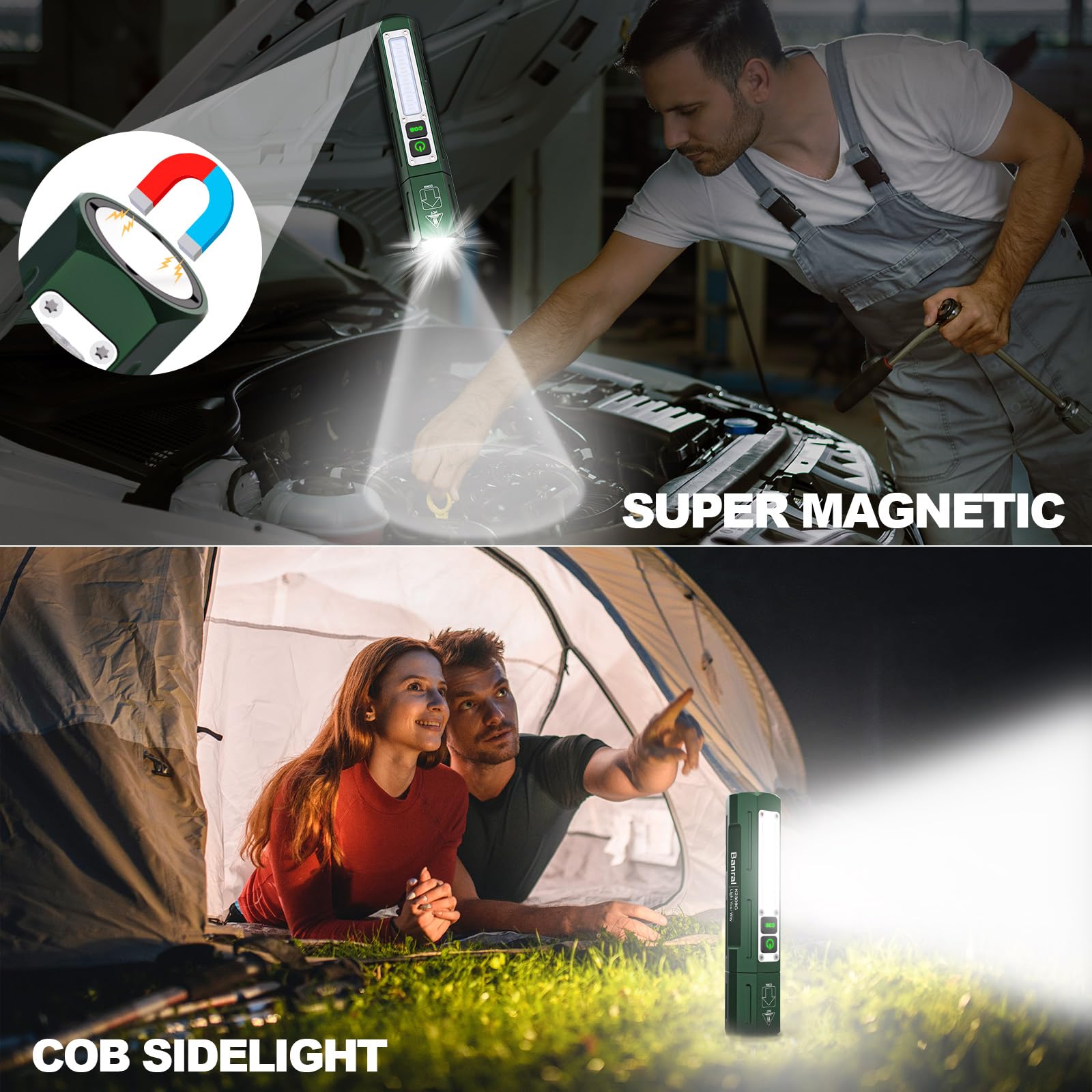 Banral Rechargeable Flashlight - Super Bright LED, 8 Modes, Compact Design, Hunter Green, Model K-2309C-PB