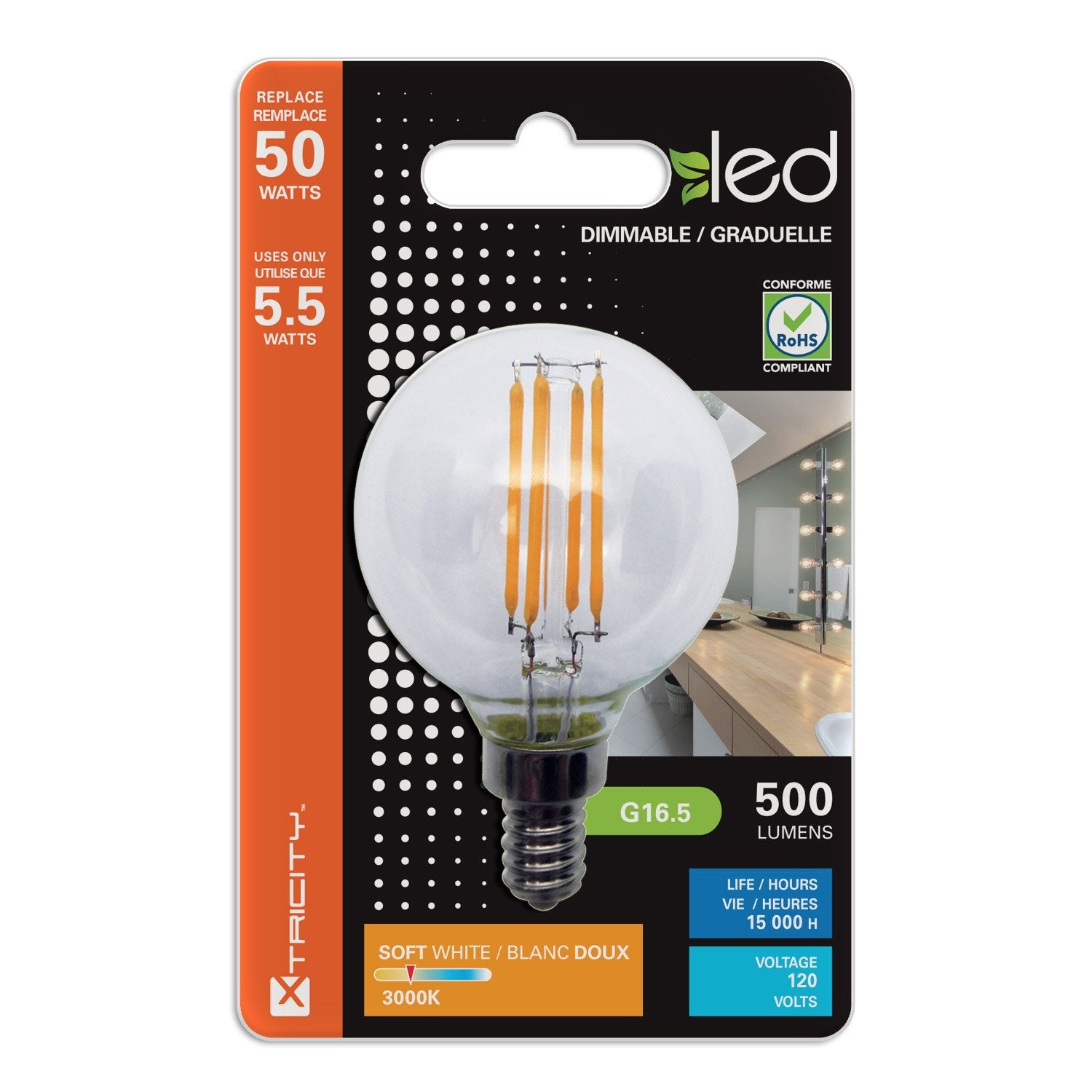 Led 5.5W G16.5 Clear Globe Filament Light Bulb, 50W Equivalent, 500 Lumens, 3000K Soft White, E12 Candelabra Base, Dimmable, 120V, Ul Listed, (6 Pack)