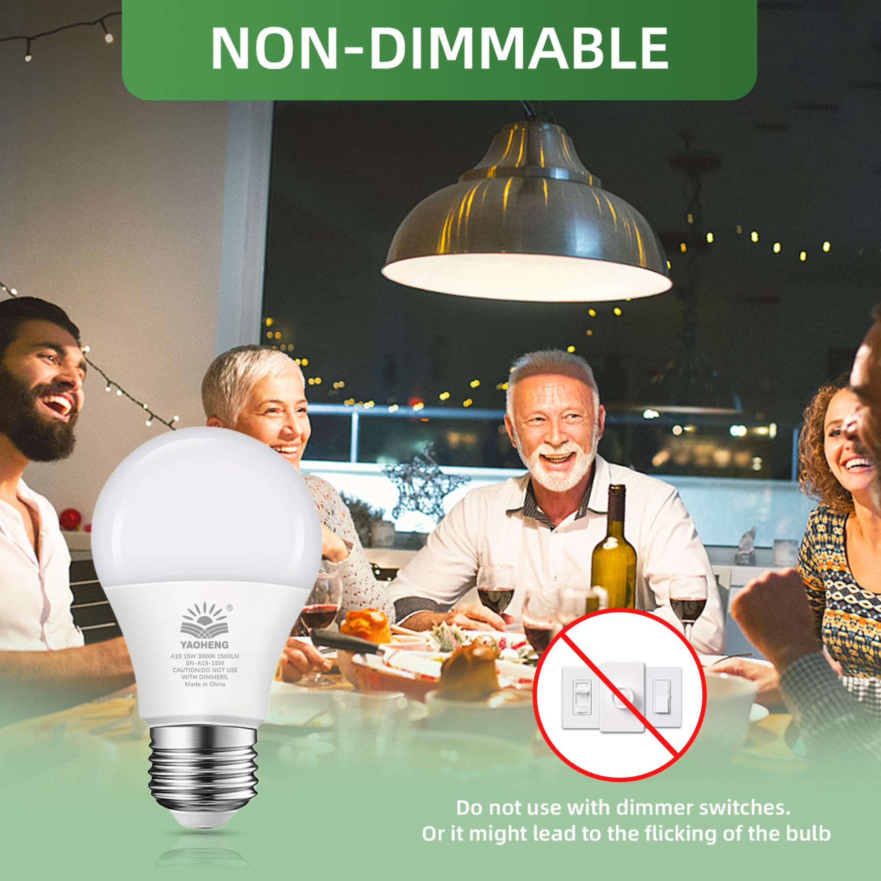 YAOHENG A19 LED Light Bulb, 15W, 3000K Warm White, 1500 Lumens, E26 Base, Non-Dimmable, 10 Count Pack