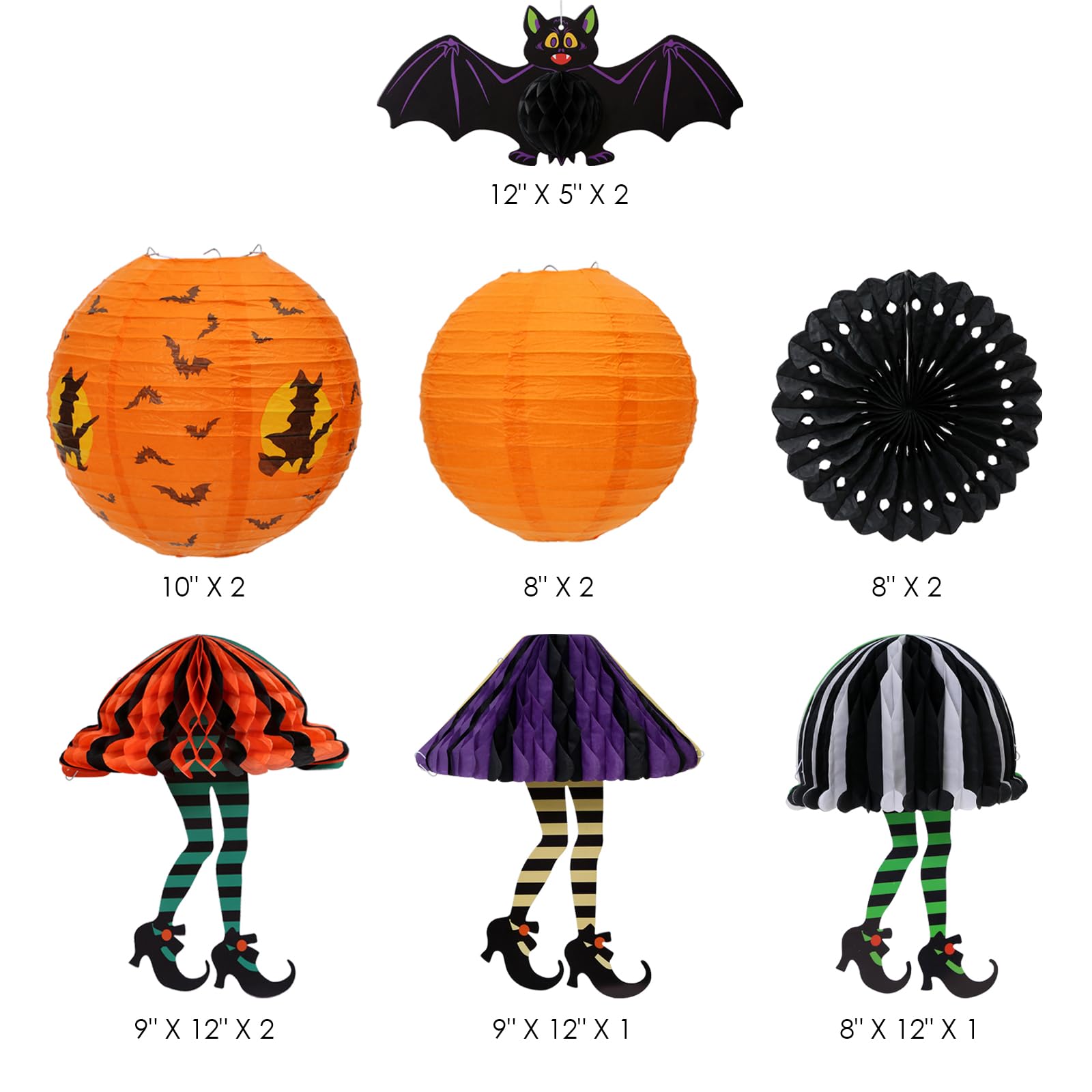UNIQOOO Halloween Paper Lanterns, 12 Pcs Witch Bat Design, Metal, 8in-12in, Orange Black Purple