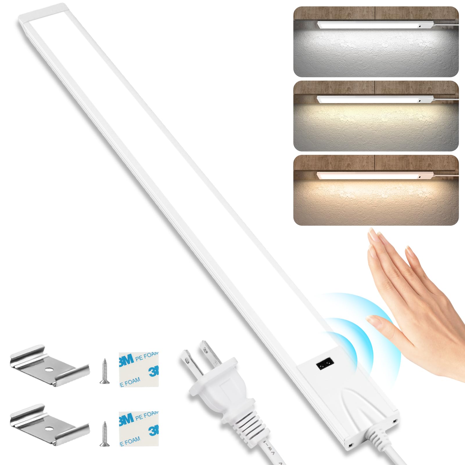 16 Inch Under Cabinet Lights with Hand Wave, Plug in LED Under Counter Light, Over Sink and Stove Lighting, Color Tunable 3000K 