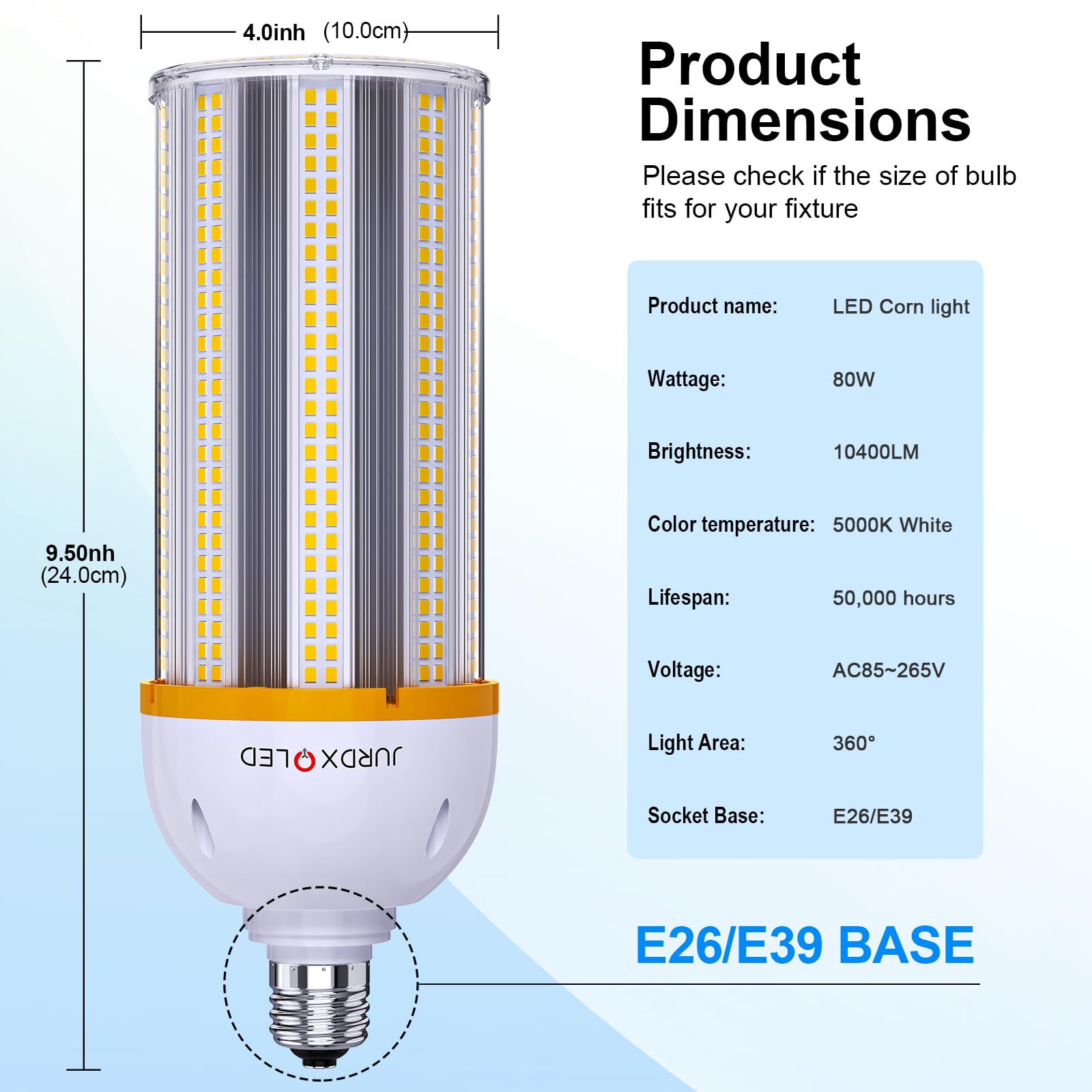JURDXLED 100W LED Corn Light Bulb, 15000 Lumen, 5000K Cool Daylight, E26/E39 Base, 2-Pack, Aluminum