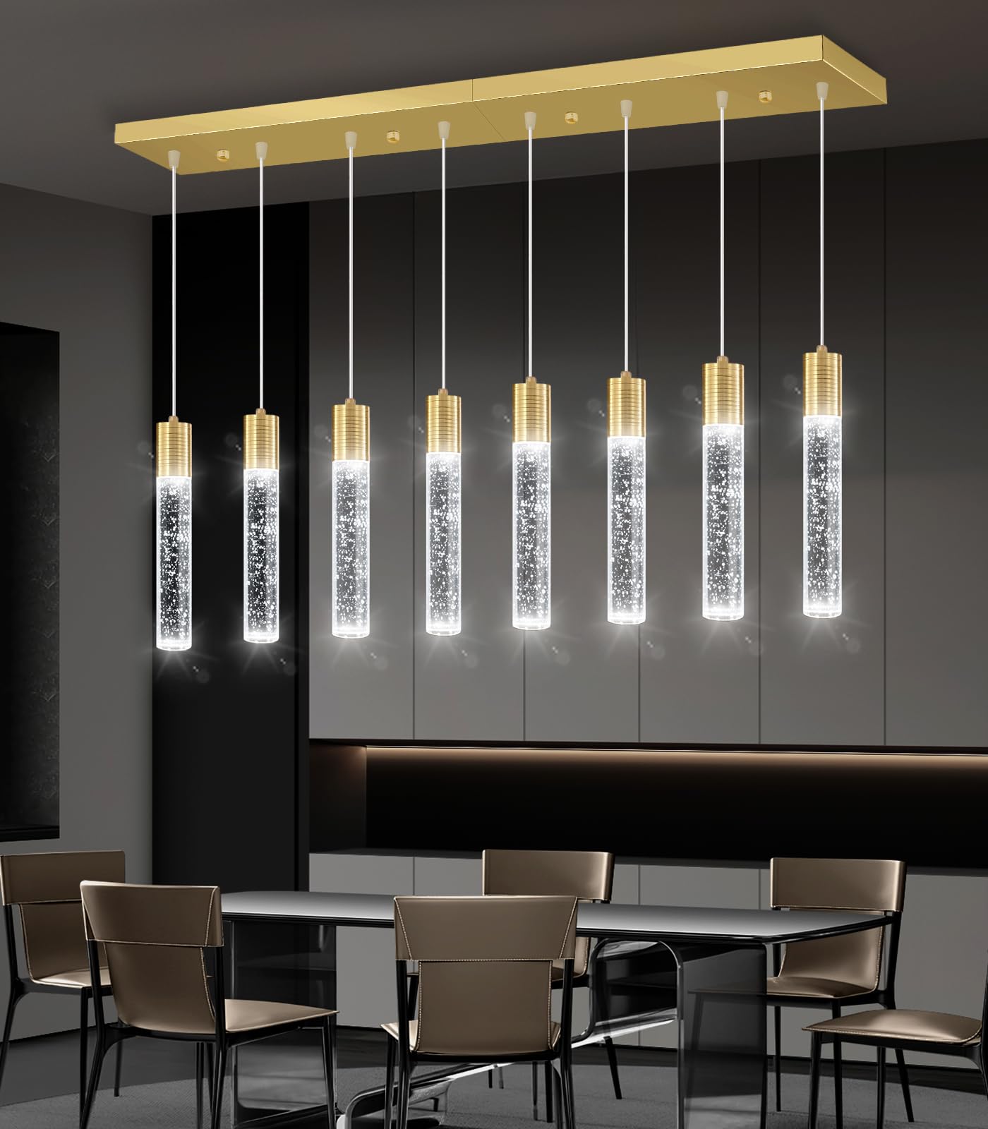 dolria 8-Lights Modern Crystal Chandelier - Metal LED Pendant Light for Kitchen, Dining Room, Hallway - Gold Finish, Model PC0019-CT-8G