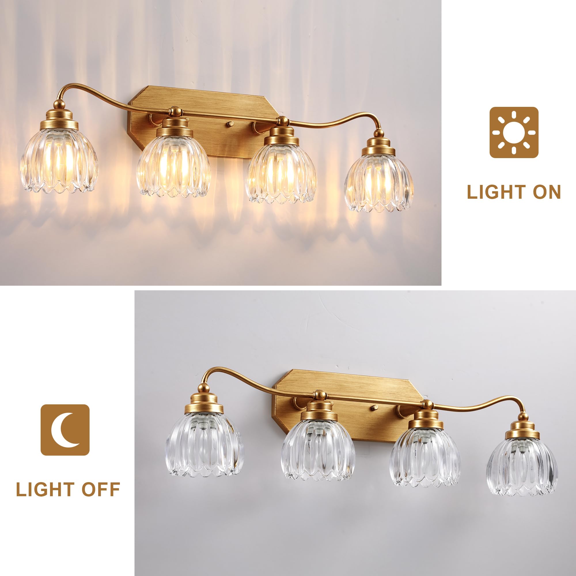 Cmnvmn Vintage Bathroom Light Fixtures  4 Light Gold Bathroom Vanity Light  Matte Antique Brass Finish With Crystal Glass Shade  Wall Sconces Lighting For Bedroom  Living Room  Hallway