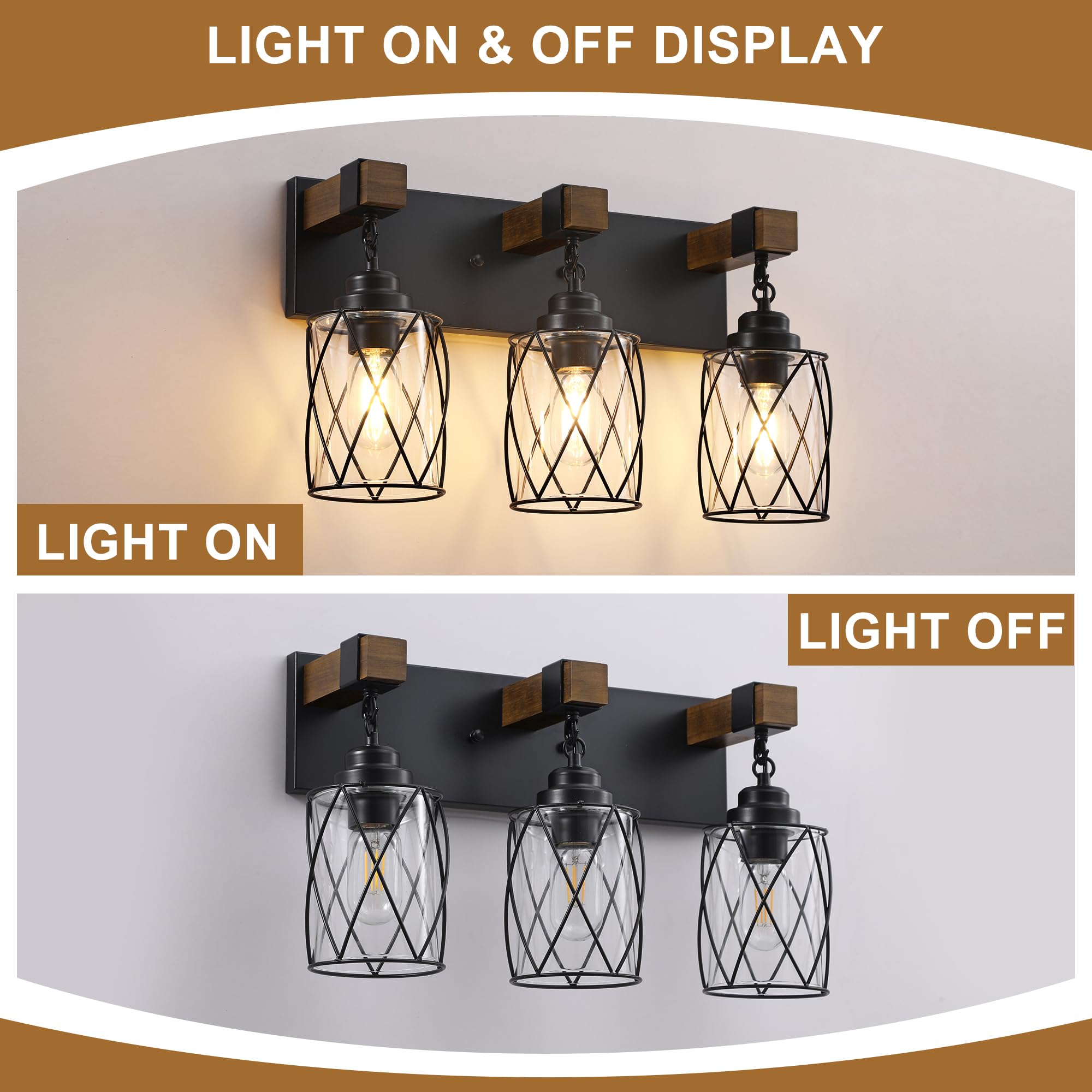 CmnVmn Farmhouse 3-Light Bathroom Vanity Light, Black Wood & Glass Sconces, Model C5009