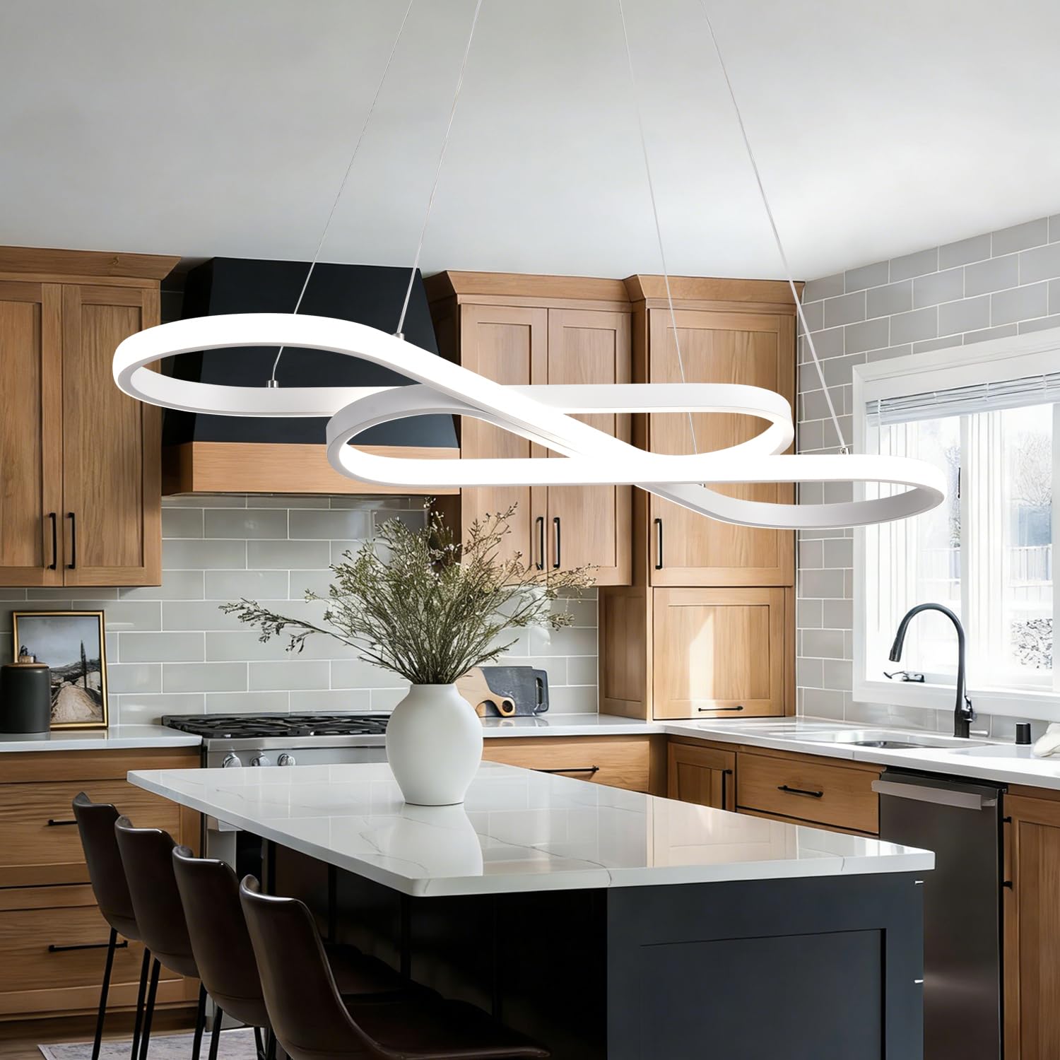 Likflyer White LED Chandelier Lighting Fixture Minimalist Wave Design with Remote for Living Room Dining Room Kitchen Island Bed