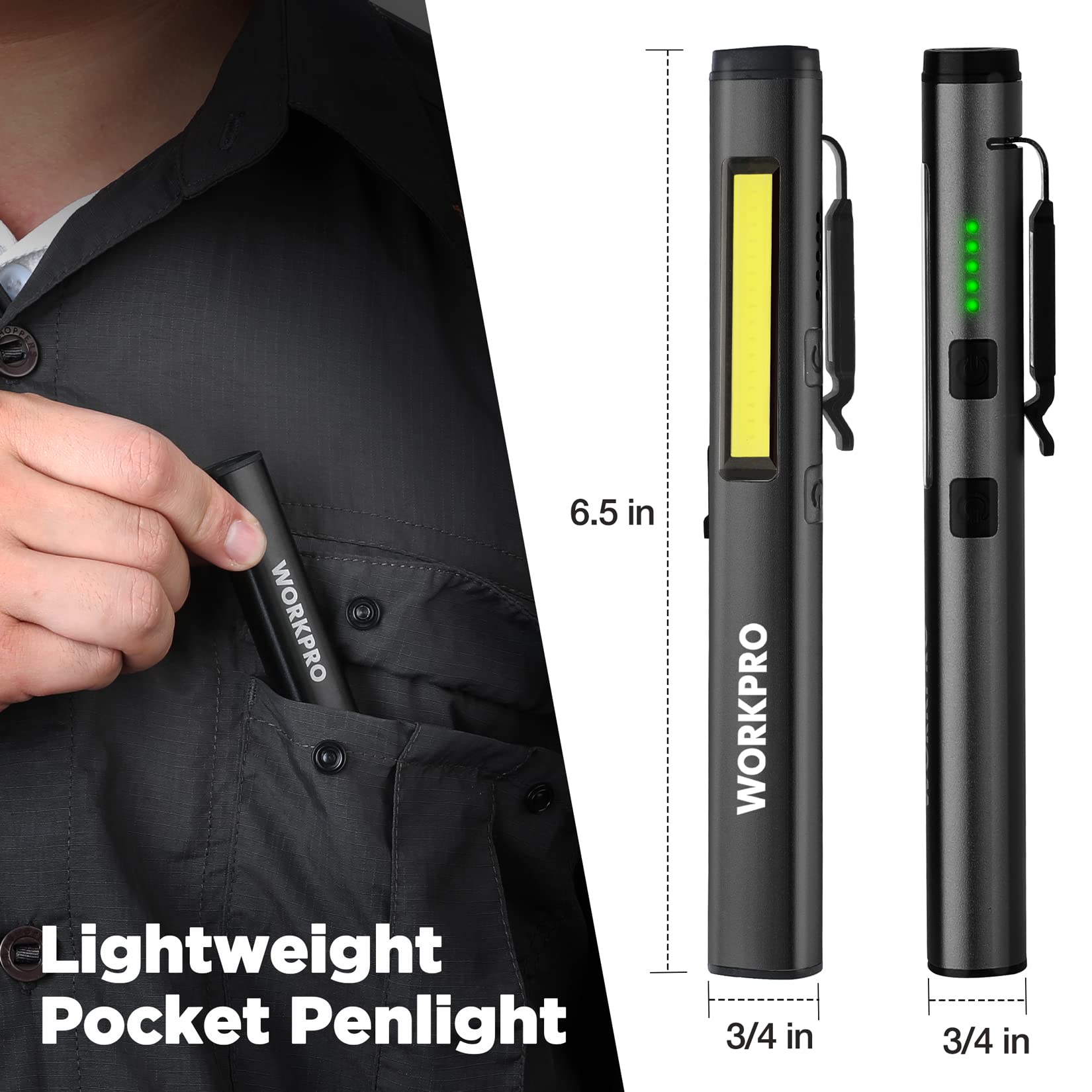 WORKPRO Rechargeable Flashlight Pen Light, 450 Lumen UV Black Light, Aluminum, Model W13900AE, Black