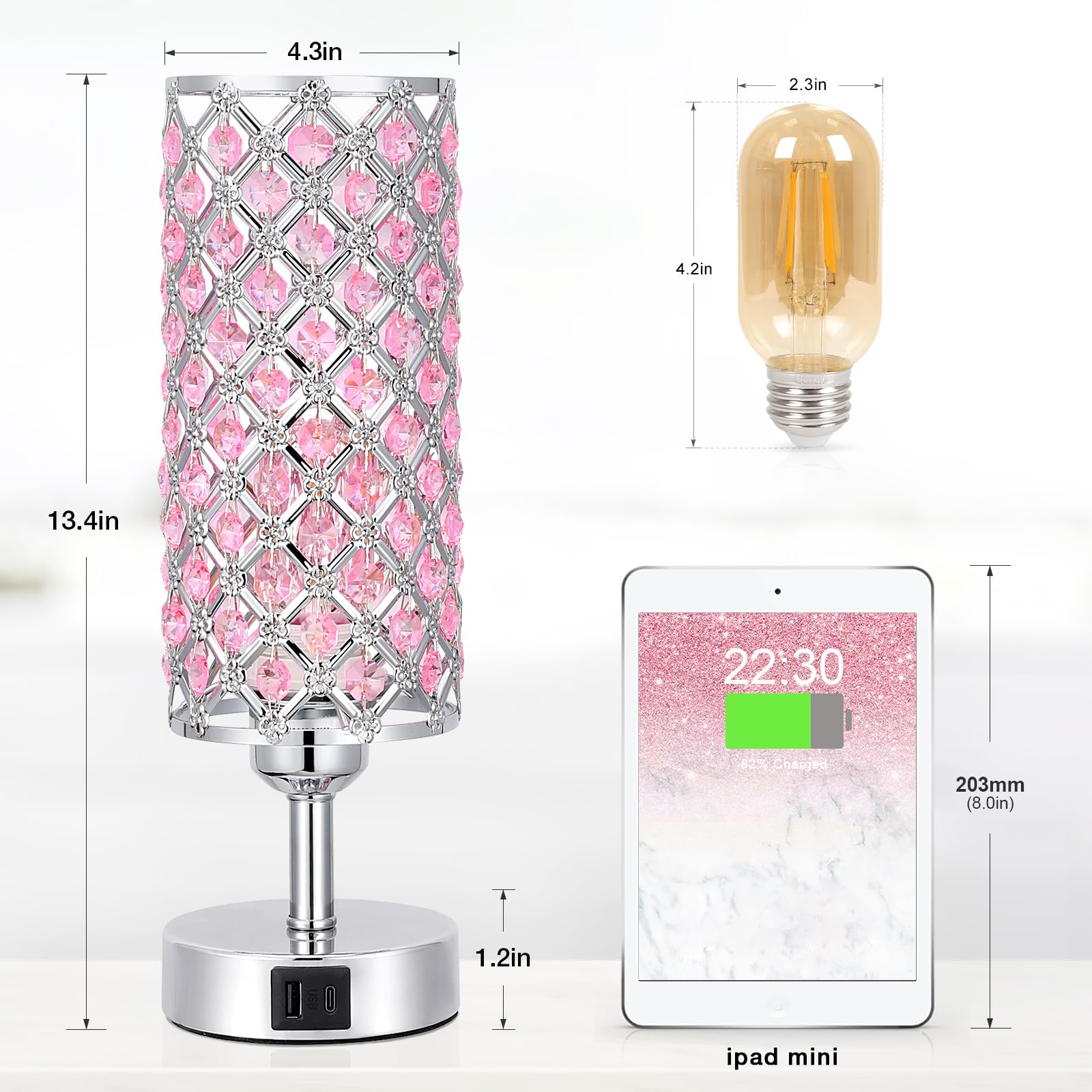 Hong-In Crystal Table Lamp, Pink Touch Lamp With Usb C+A Ports, 3 Way Dimmable Bedroom Light With Crystal Shade, Bedside Nightst
