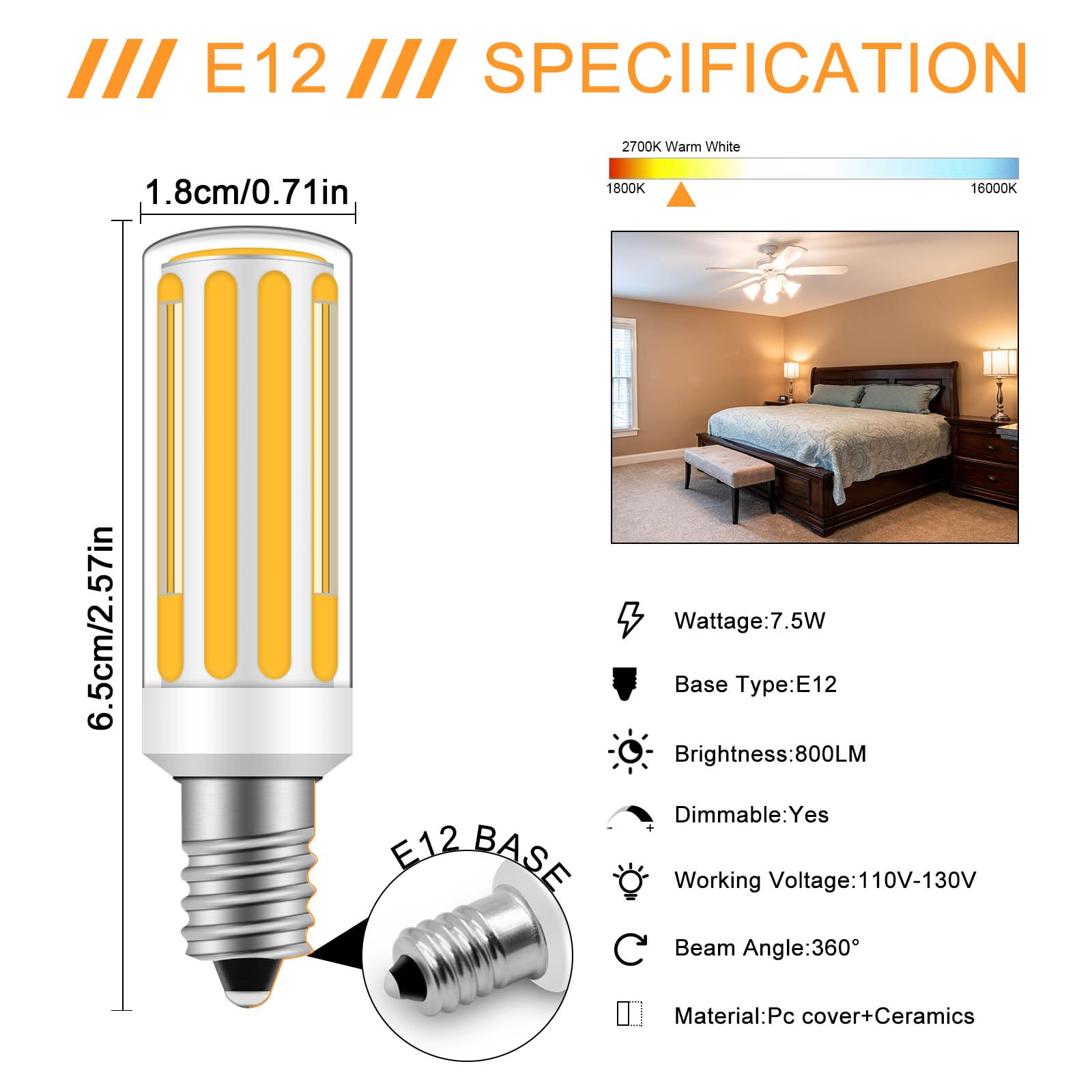 Zhenming E12 Led Bulb Dimmable Replacement 75 Watt Light Bulbs, Warm White 3000K 120V 7.5W 800Lm E12 Led Candelabra Bulbs C7 T3/