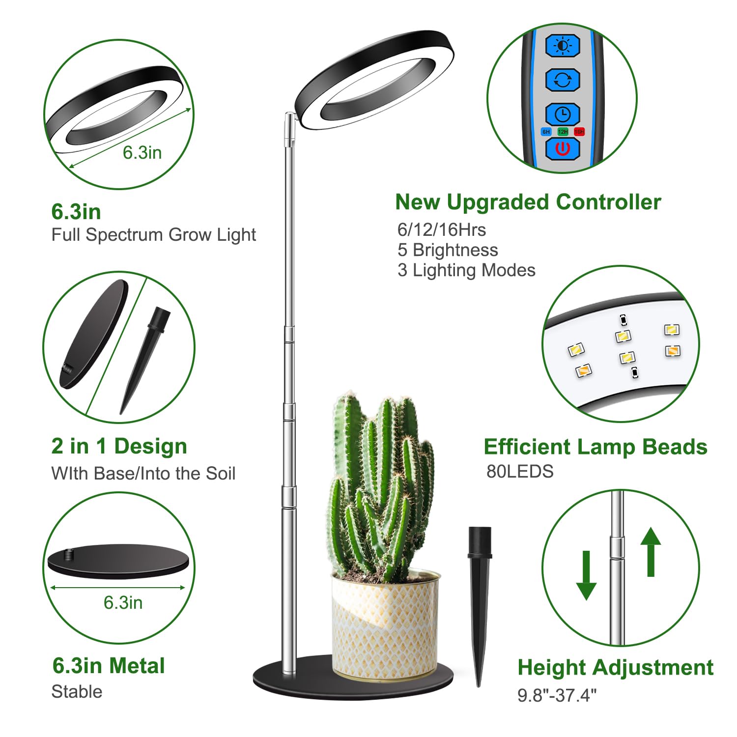 Aokrean Full Spectrum Grow Light, 2 in 1 Desktop Lamp, Auto Timer, 5 Brightness, Height Adjustable 9.8"-37.4", Aluminum, 1 Pack