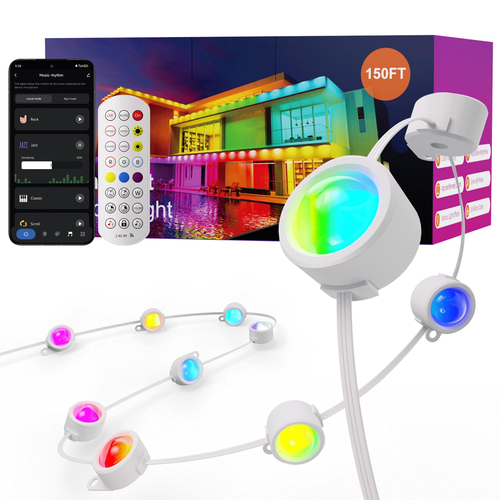 Fitop Outdoor LED Strip Lights, 150FT RGB Waterproof, Smart Control, IP67 Rated, Multicolor, Model C5109
