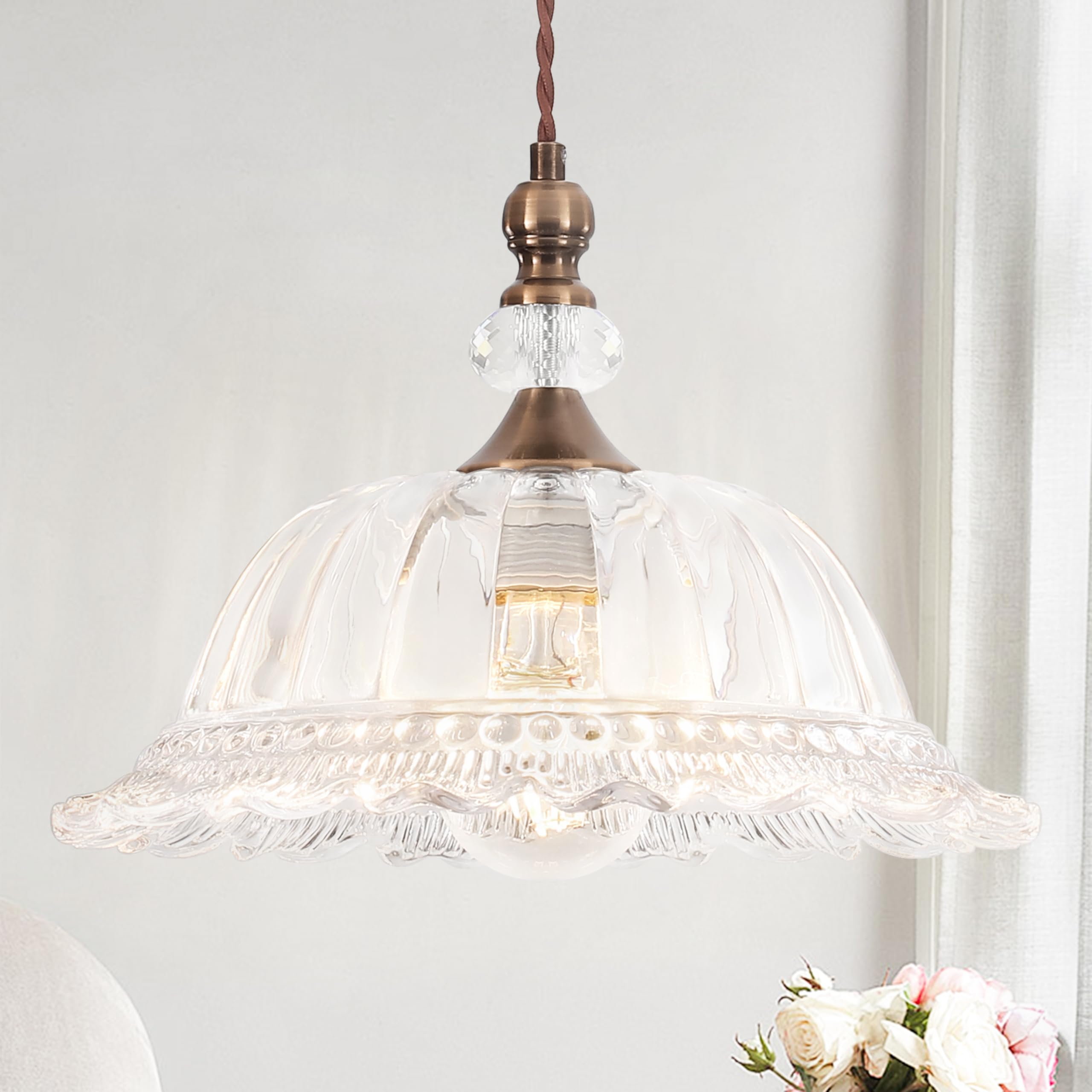 CWarmozy Vintage Pendant Light Fixtures for Kitchen Island Brass Gold 10.6'' Glass Small Pendant Lights Adjustable Hanging Light