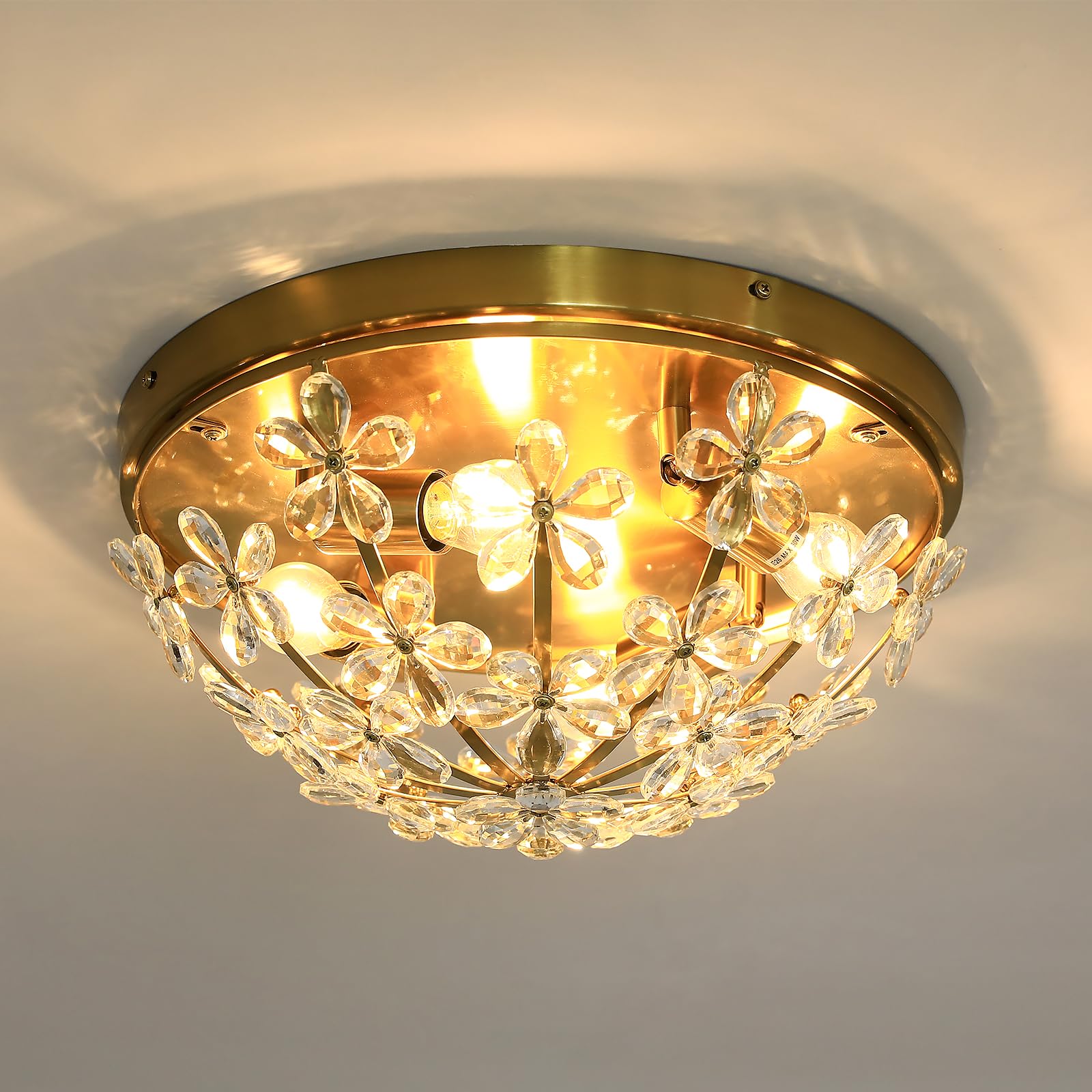 ASGYISA 4-Light Modern Crystal Flush Mount Ceiling Light Fixture Vintage Gold Chandelier Metal E26 Ceiling Lamp for Farmhouse Ha