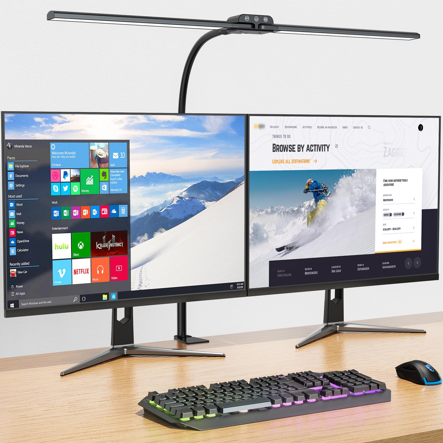 KableRika Double Head LED Desk Lamp, 4-Brightness & 4-Color, Aluminum, Black, Model KB-24V-670