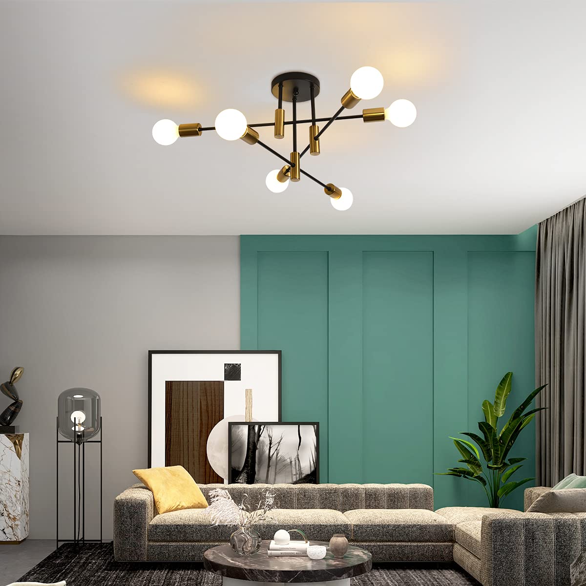 Garwarm Ceiling Light Fixture, 6-Lights Black And Gold Mid Century Semi Flush Mount Ceiling Light,Modern Sputnik Chandelier For