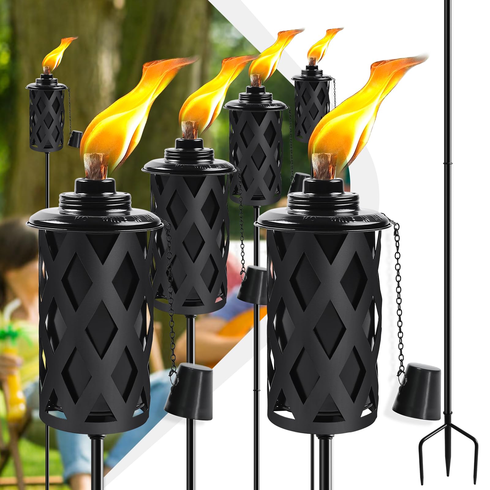 FALBAWR Citronella Torches for Outside Set of 6, 16 Oz Outdoor Torches with 3-Prong Grounded Stake, 59 Inch Metal Torch for Gard