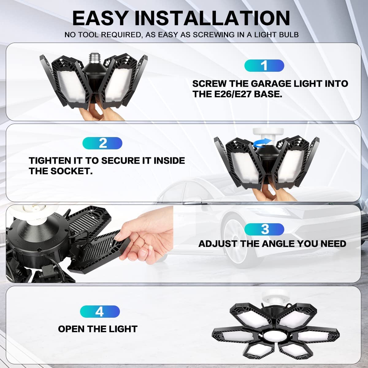 2 Pack LED Garage Lights, Deformable LED Garage Ceiling Light Deformable Light with 6 Adjustable Panels for Garage Workshop Base