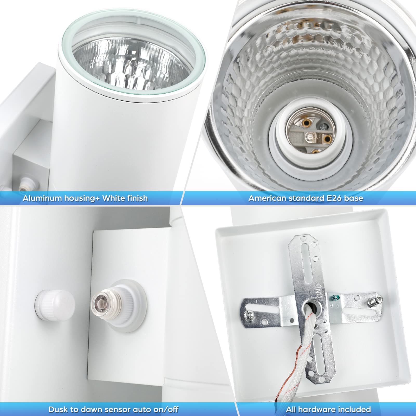 2-Pack White Outdoor Wall Sconces Dusk To Dawn, Up Down Modern Exterior Light Fixtures For House, Outside Wall Lights For Porch